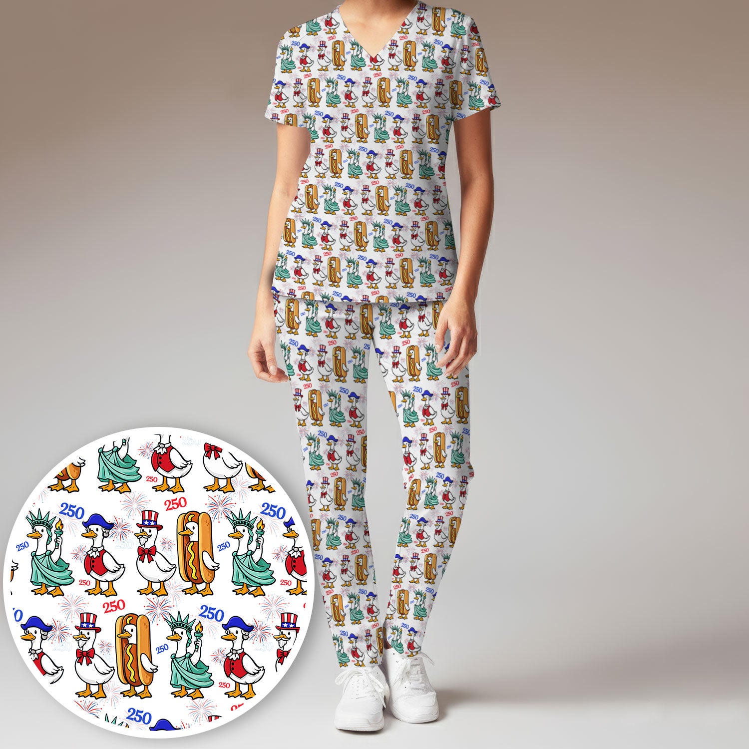 Patriotic Duck Independence Day Pattern Scrub Set, Scrub Pants and V Neck Top