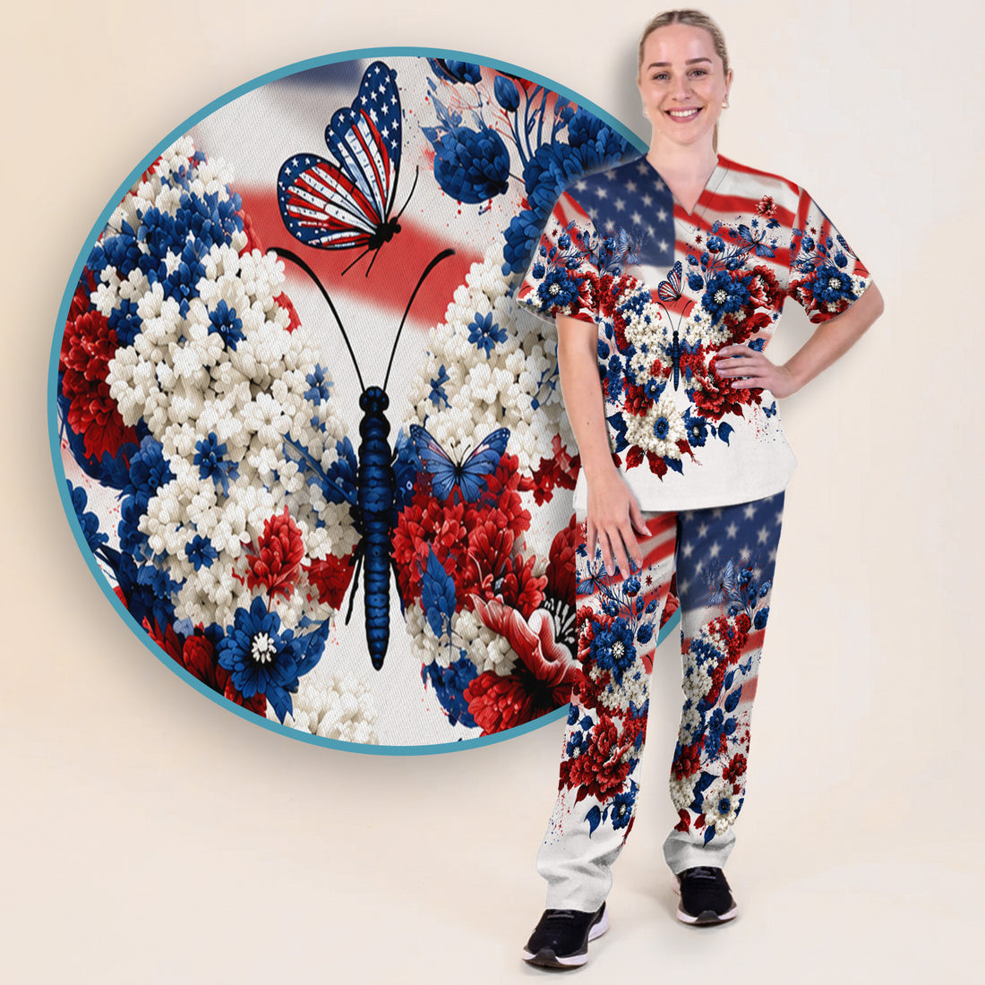 Patriotic Butterfly with Floral Print Scrub Set, Scrub Pants and V Neck Top