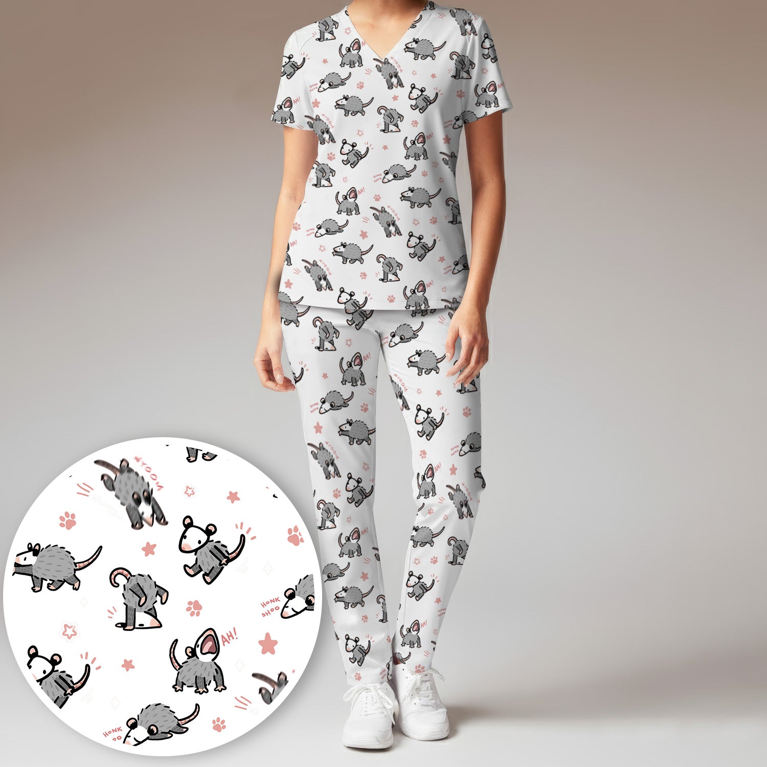 Playful Cartoon Opossum Character Pattern Scrub Set, Women's Scrub Sets