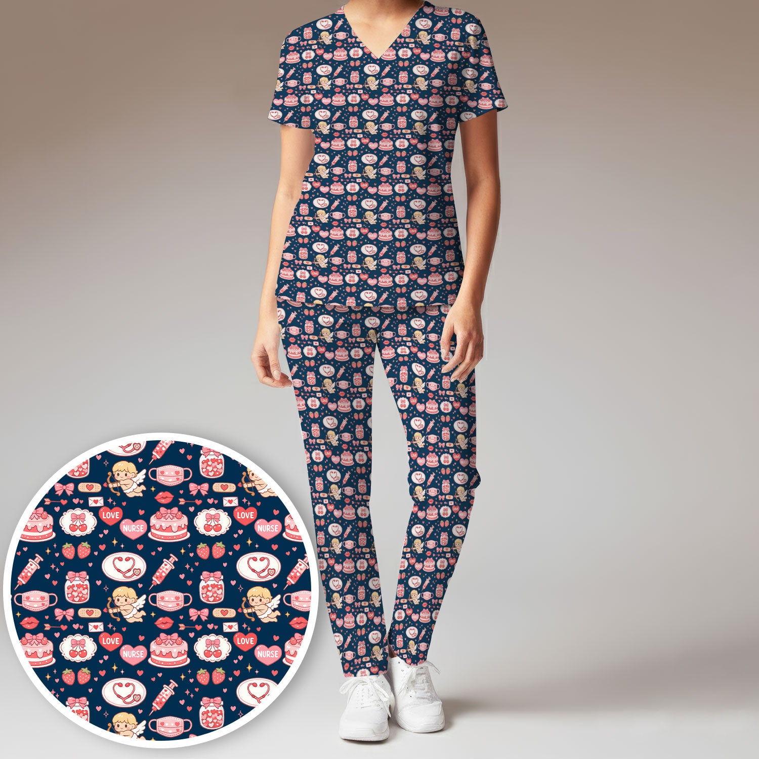 Cupid Nurse Scrub Set, Cute Love Medical Pattern Shirt For Valentine, Breathable Fabrics Nursing Uniform