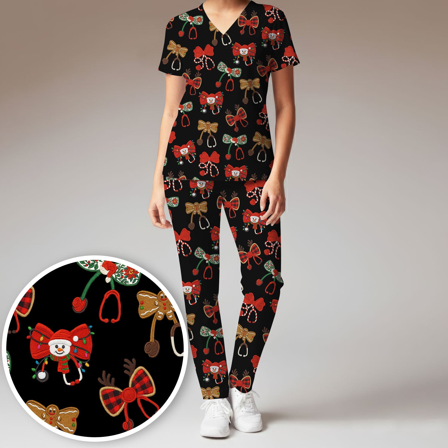 Christmas Stethoscope Bow Nurse Scrub Set, Xmas Pattern Scrub Shirt, Holiday Nursing Uniform