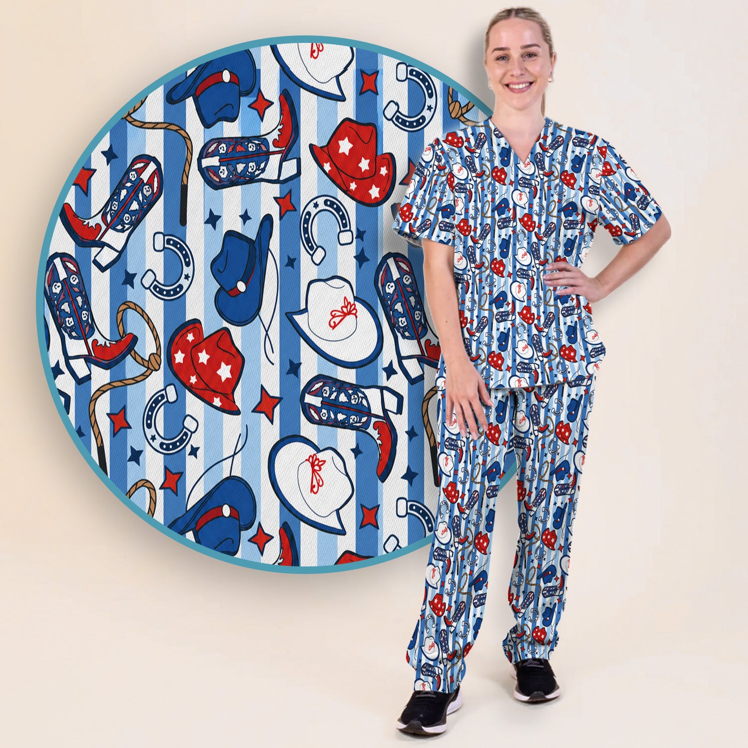 Western Cowboy Boots And Hats Print Scrub Set, Scrub Pants and V Neck Top