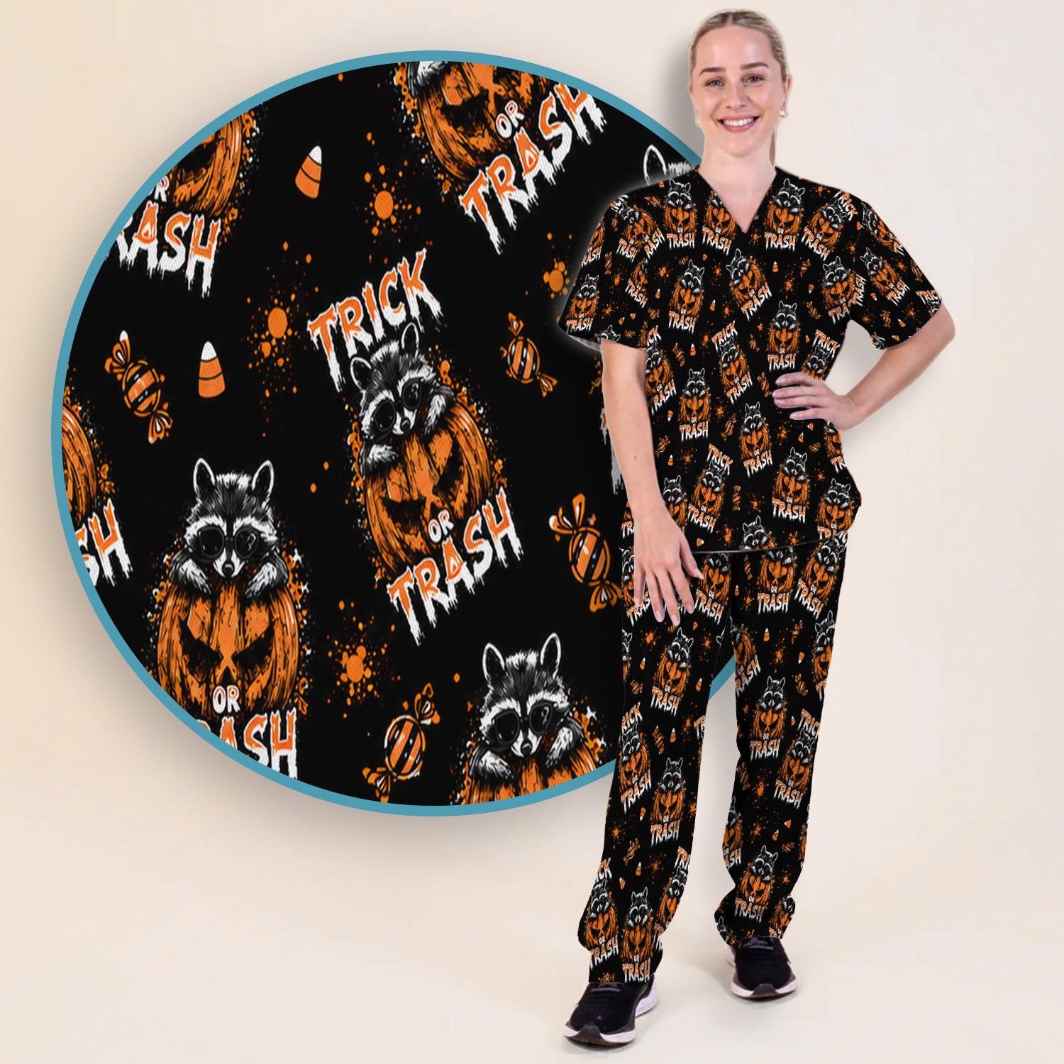 Funny Halloween Trick Or Trash Raccoon Scrub Set, Scrub Pants and V Neck Top
