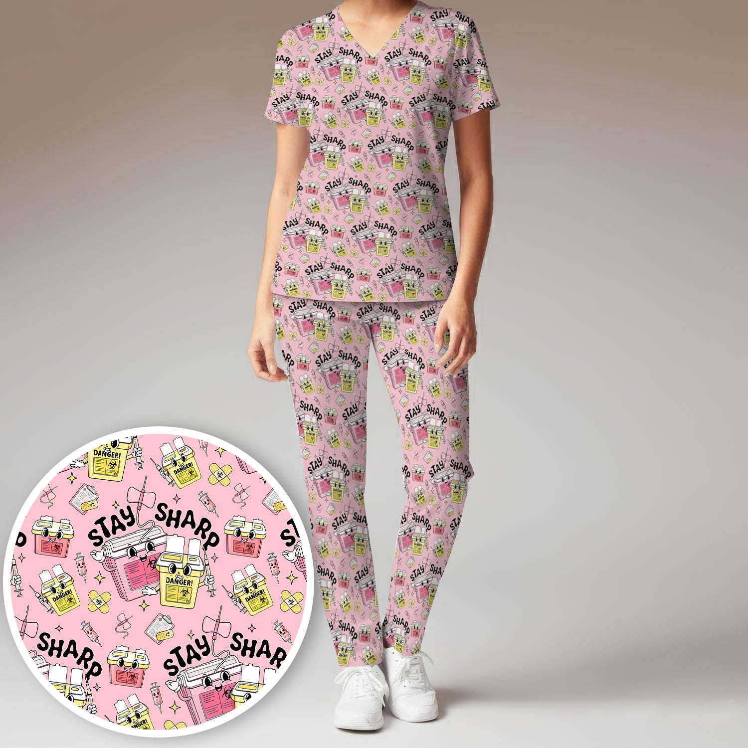 Stay Sharp Nurse Scrub Set, Cute Medical Pattern Scrubs, Breathable Fabrics Nursing Uniform