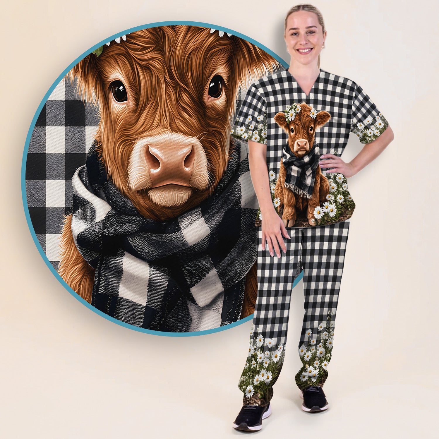 Highland Cow Daisy Pattern Scrub Set, Scrub Pants and V Neck Top