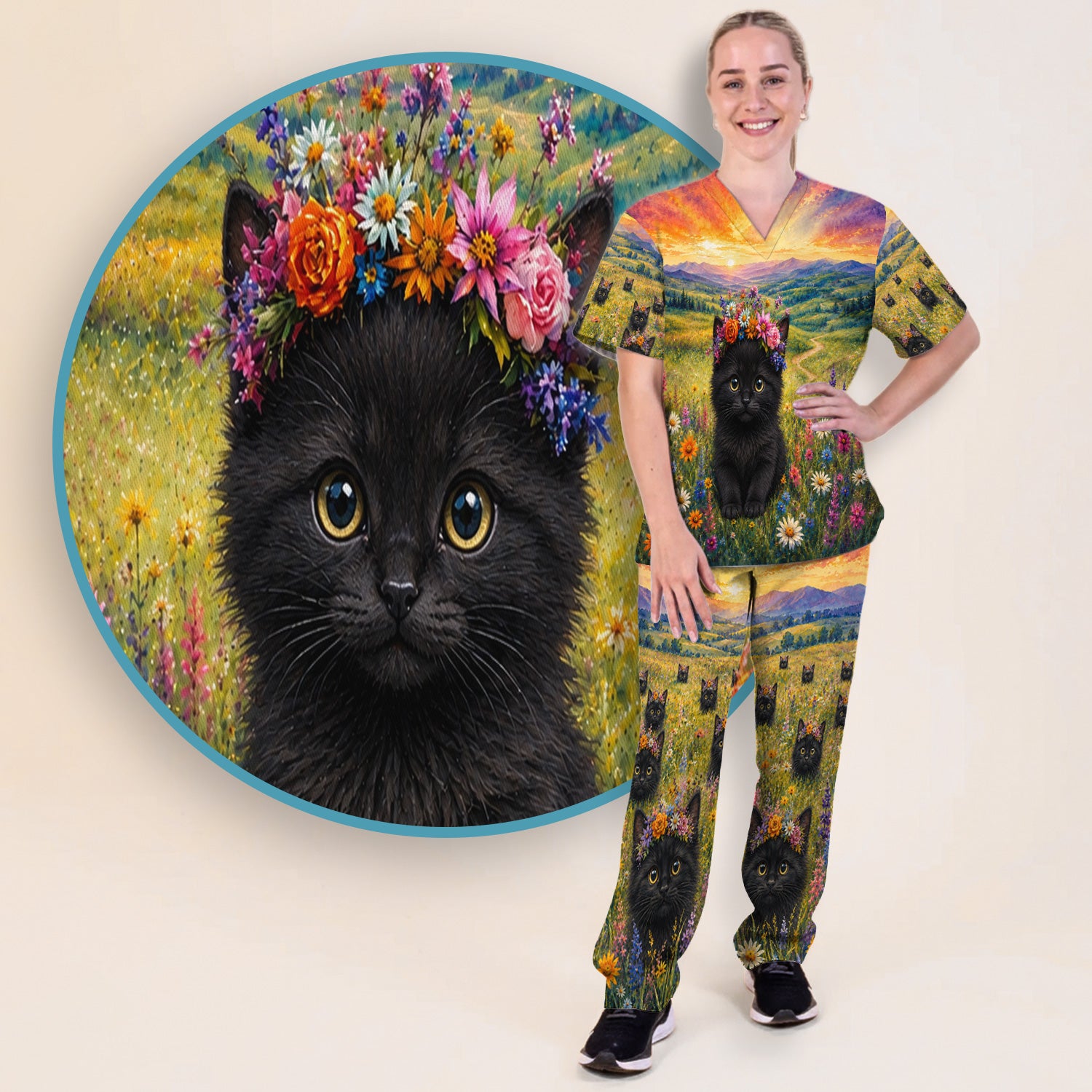 Black Kitten Flower Meadow Pattern Scrub Set, Scrub Pants and V Neck Top