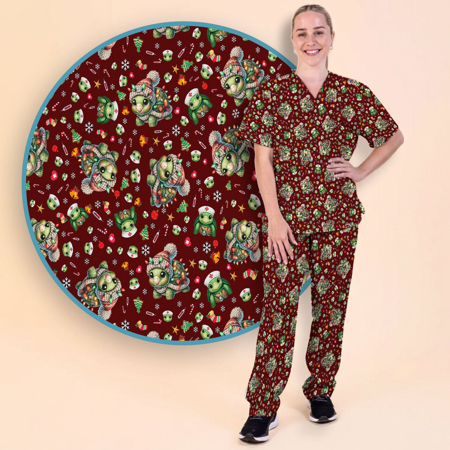 Christmas Turtle Scrub Set - Cute Funny Nurse Pants and V Neck Top - Holiday Medical Uniform for Women