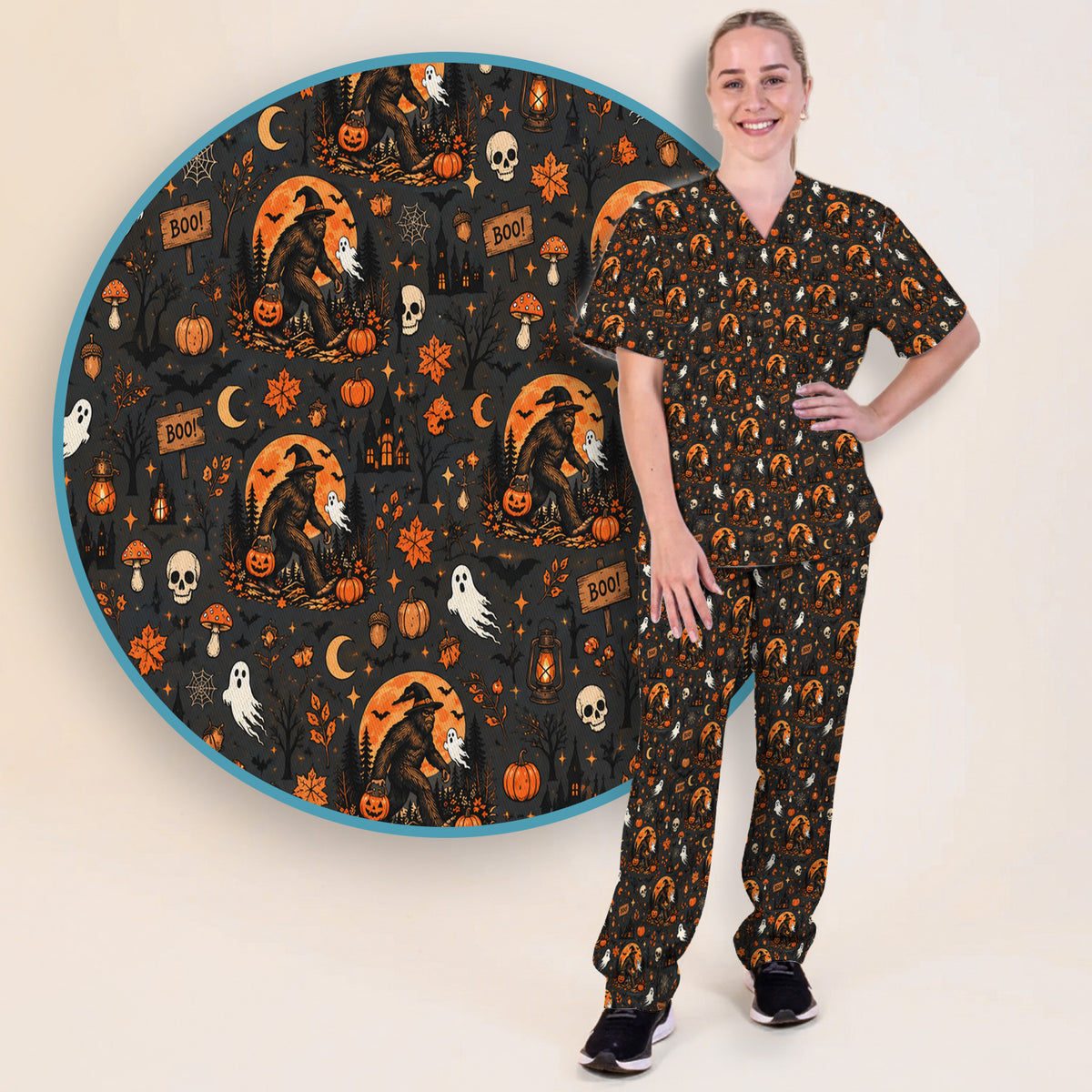 Halloween Bigfoot Ghost with Pumpkin Scrub Set, Scrub Pants and V Neck Top
