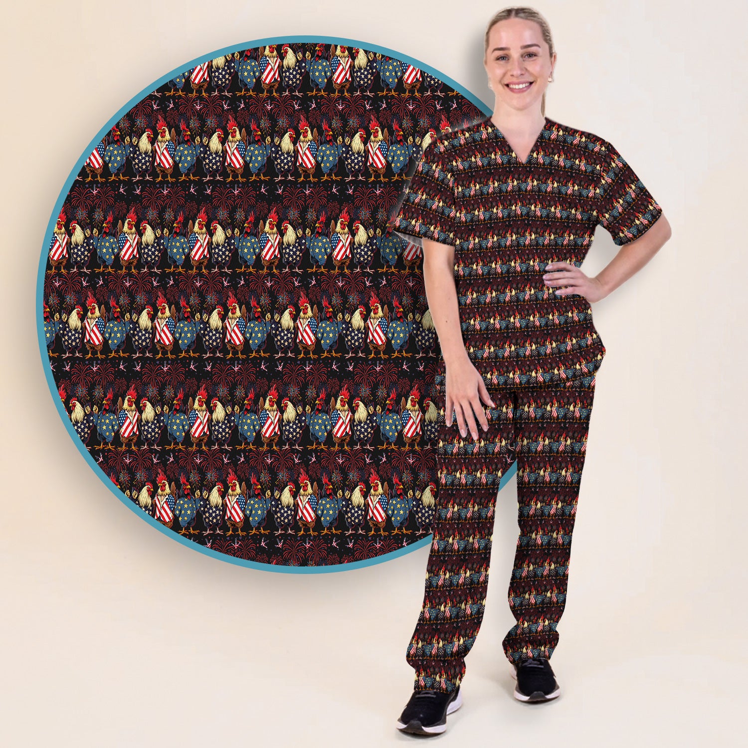 Patriotic Rooster Fireworks Pattern Scrub Set, Scrub Pants and V Neck Top