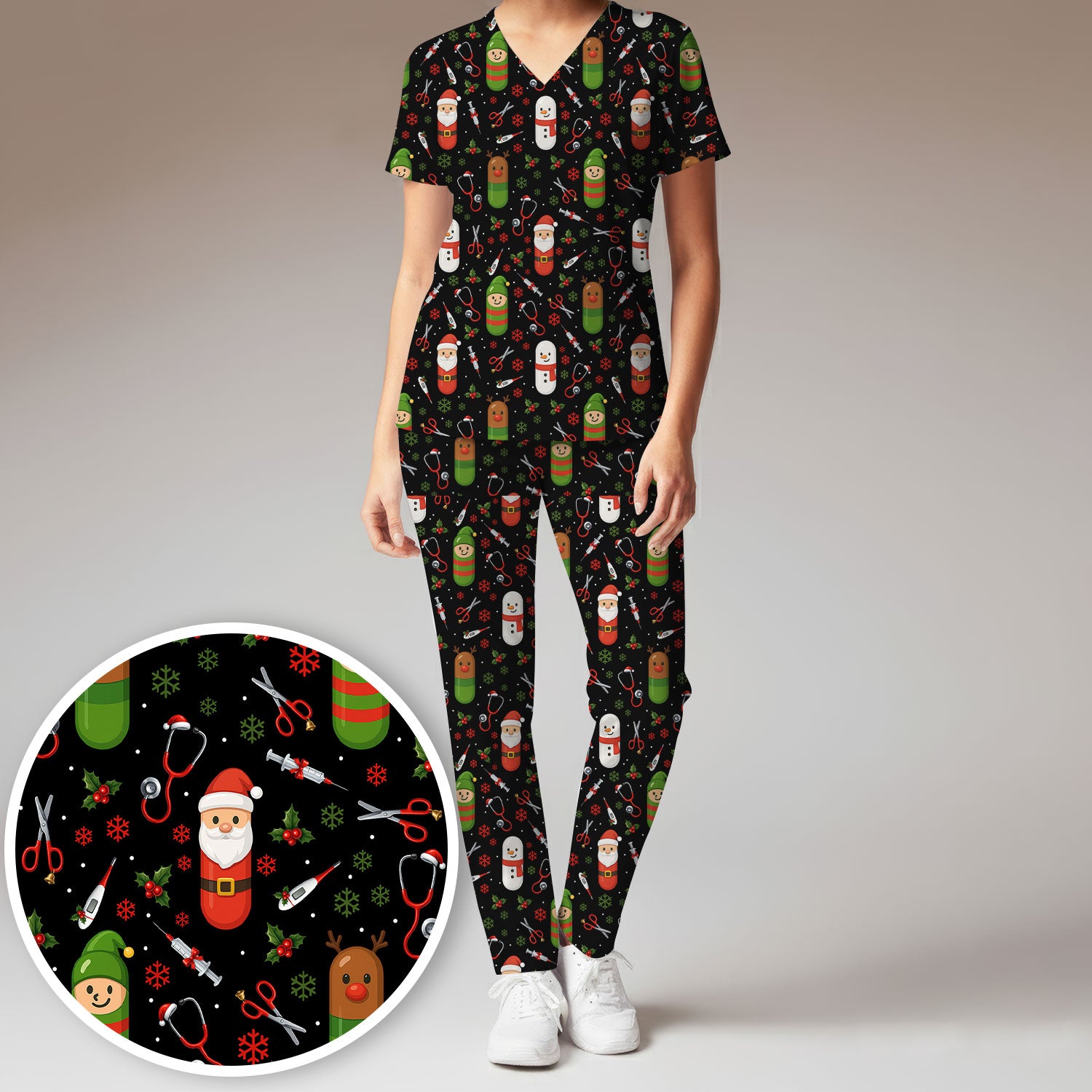 Santa Christmas Scrubs Set - Cute Holiday Pattern with Reindeer and Snowman - Fun Medical Scrub Top and Pants for Women Nurses