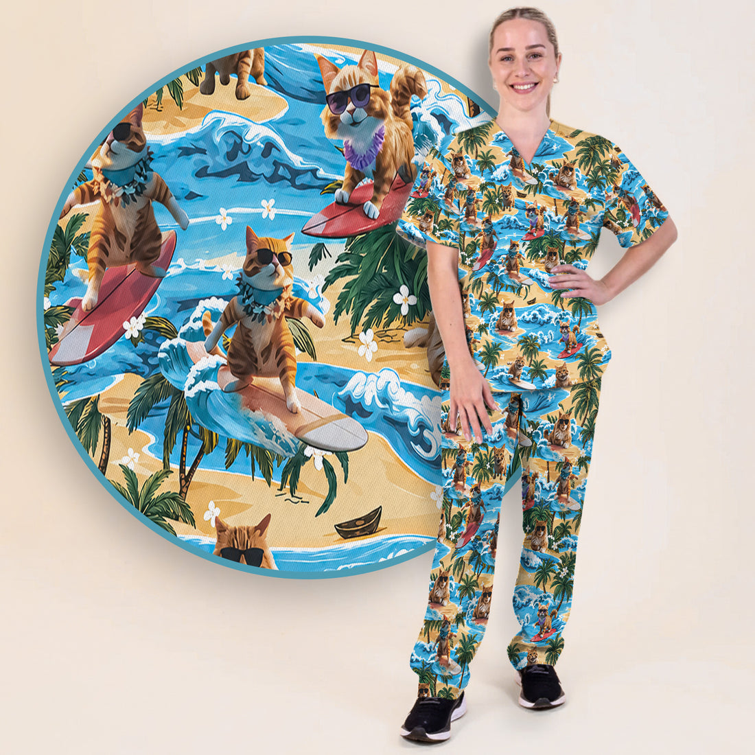 Tropical Surfing Cat with Beach Wave Island Print Scrub Set, Scrub Pants and V Neck Top