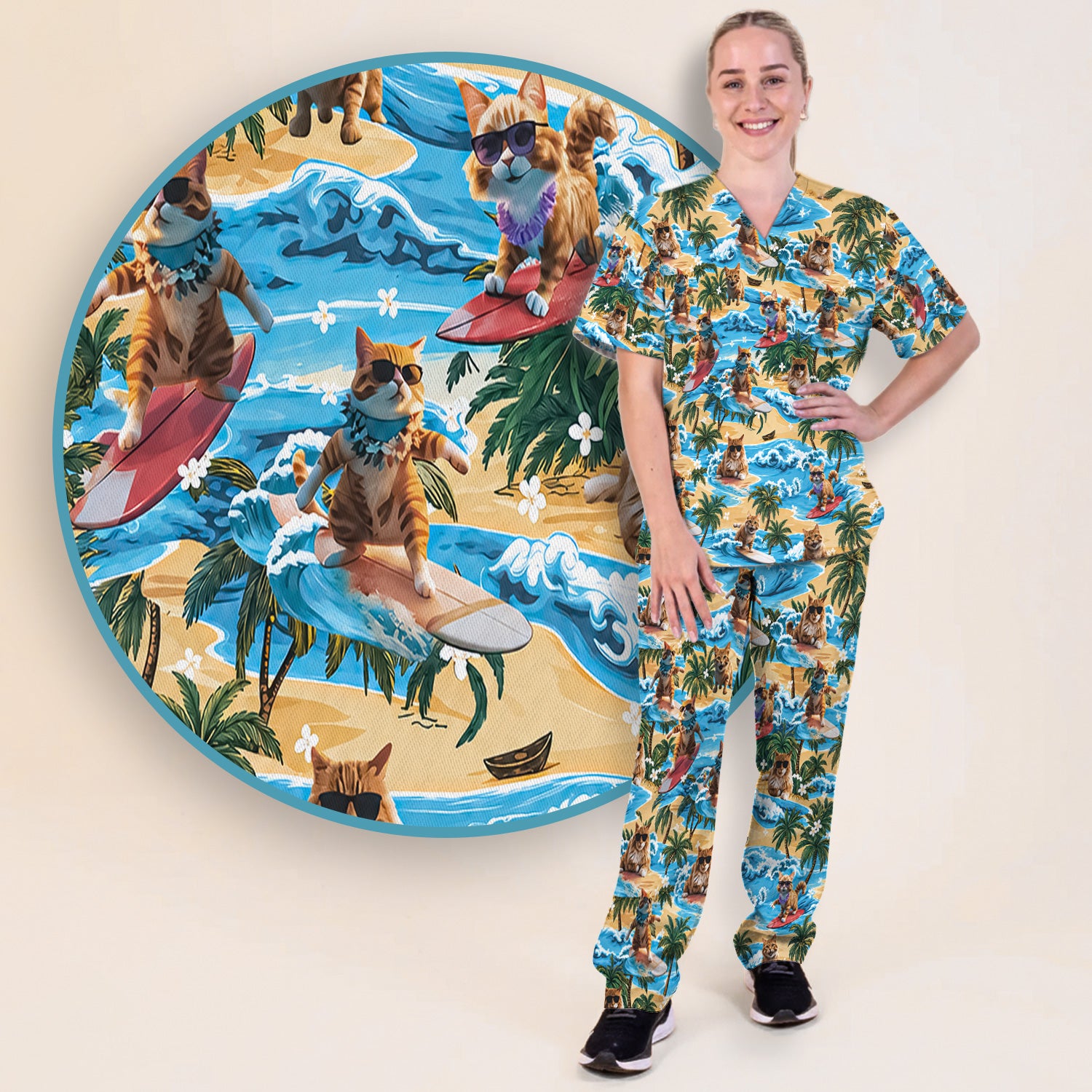 Tropical Surfing Cat with Beach Wave Island Print Scrub Set, Scrub Pants and V Neck Top