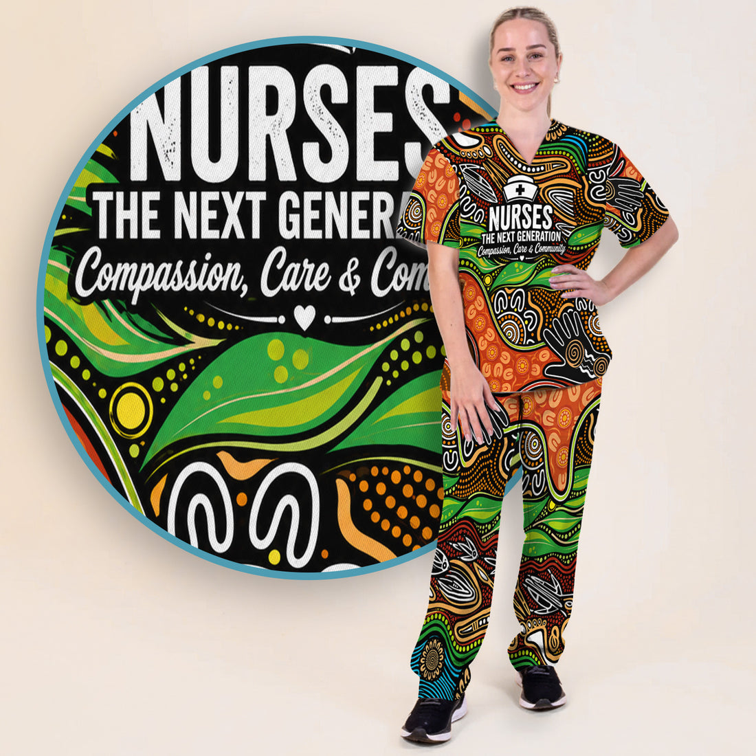 Dot Art Nurse Quote Pattern Scrub Set, Scrub Pants and V Neck Top