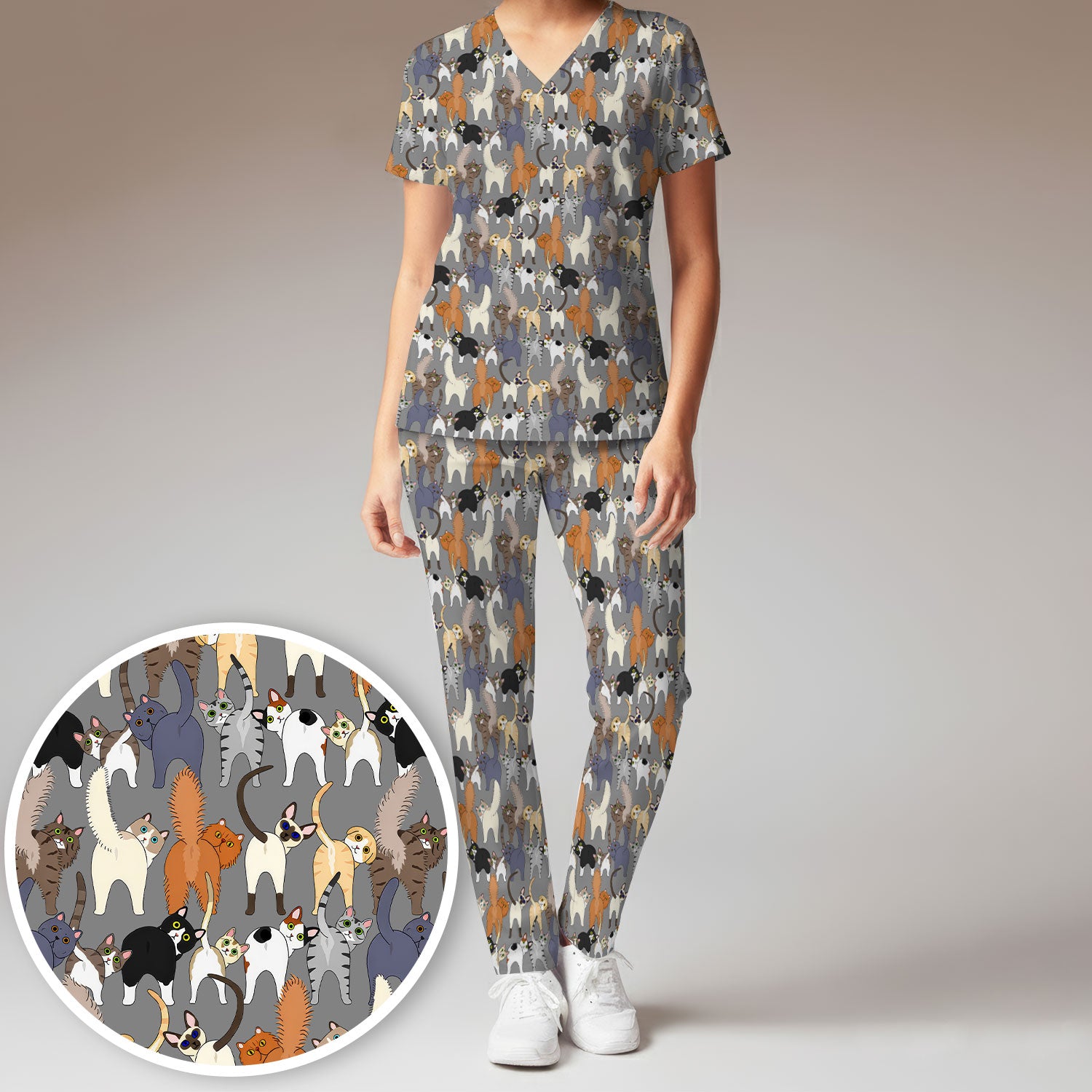 Whimsical Multicolor Cat Cartoon Pattern Scrub Set, Breathable Med Uniform