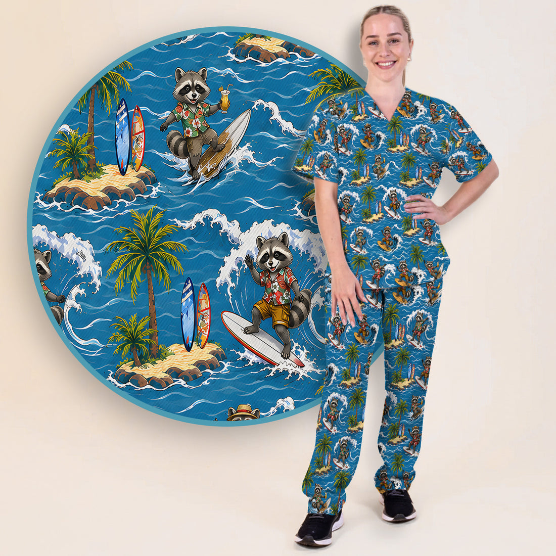 Tropical Surfing Raccoon Island Pattern Scrub Set, Scrub Pants and V Neck Top