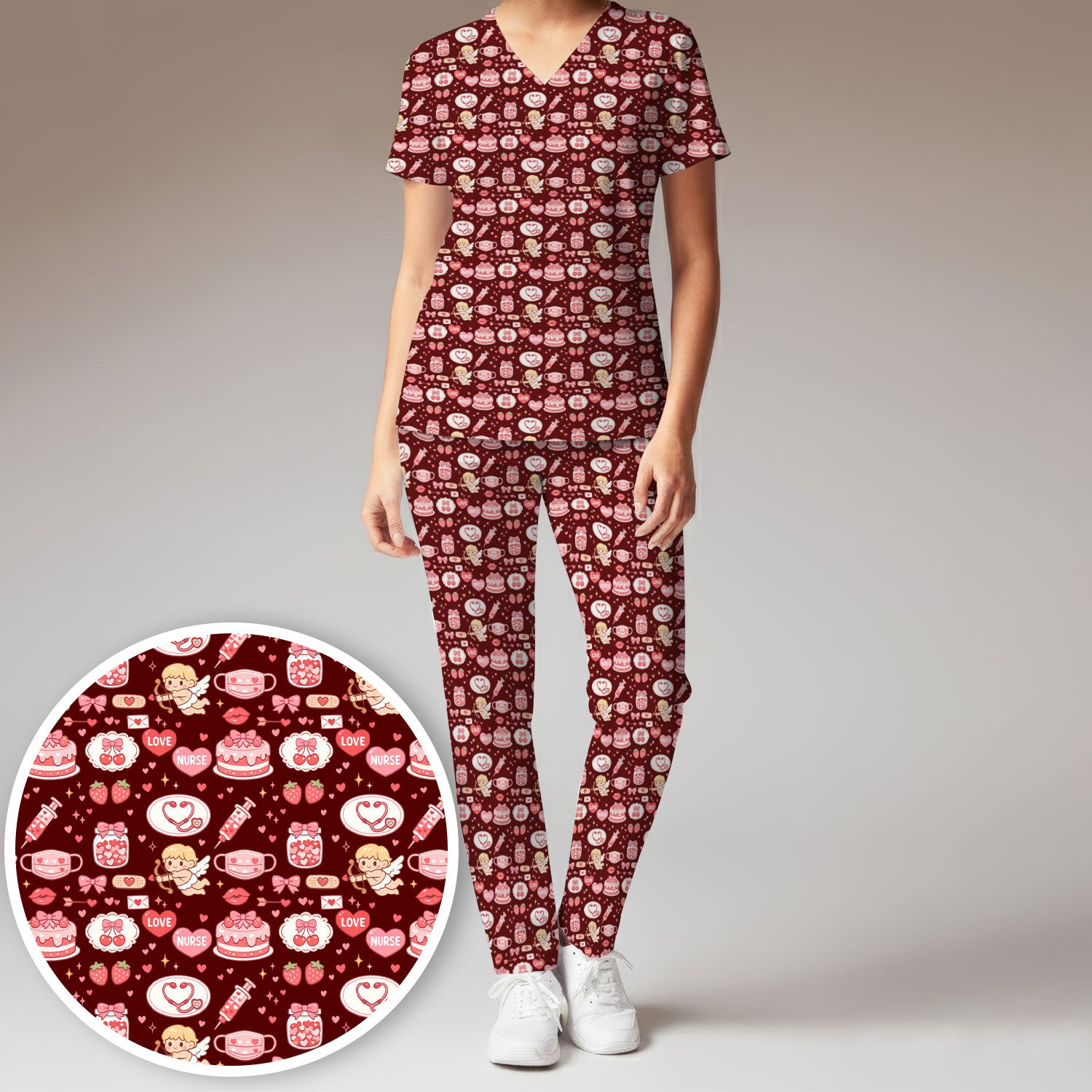 Cupid Nurse Scrub Set, Cute Love Medical Pattern Shirt For Valentine, Breathable Fabrics Nursing Uniform