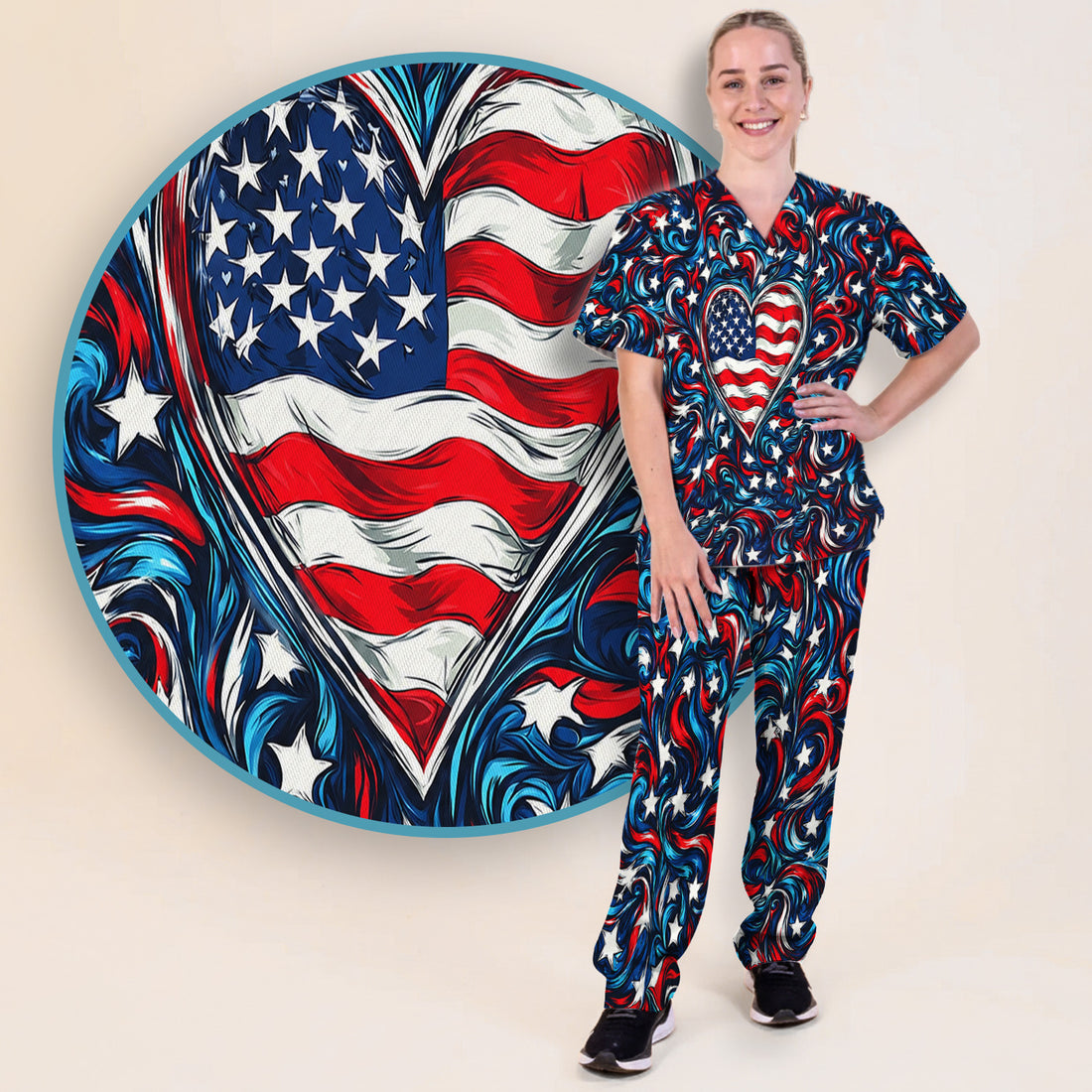 American Flag Heart Pattern Scrub Set, Scrub Pants and V Neck Top