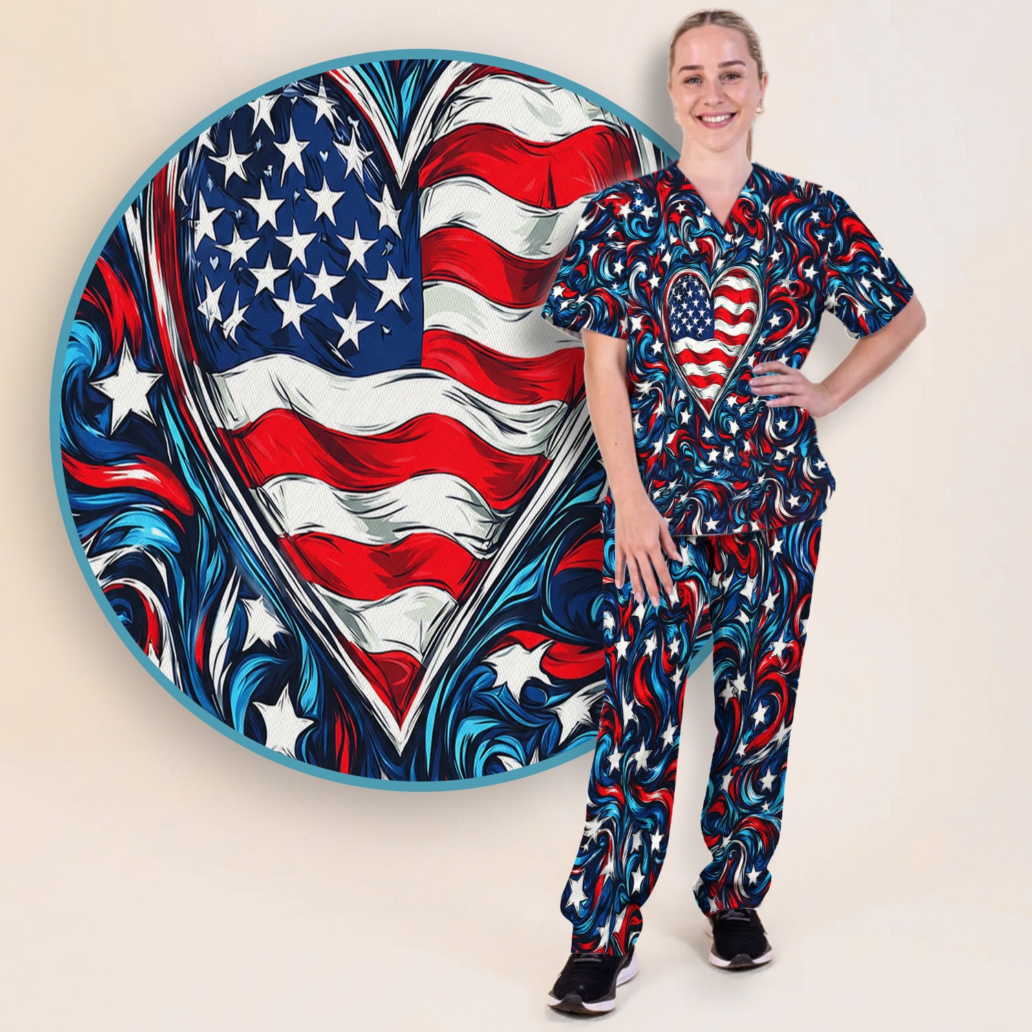 American Flag Heart Pattern Scrub Set, Scrub Pants and V Neck Top