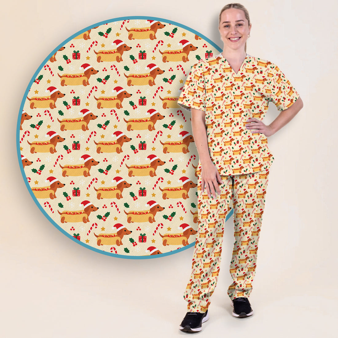 Funny Christmas Dachshund Hot Dog Scrub Set, Scrub Pants and V Neck Top