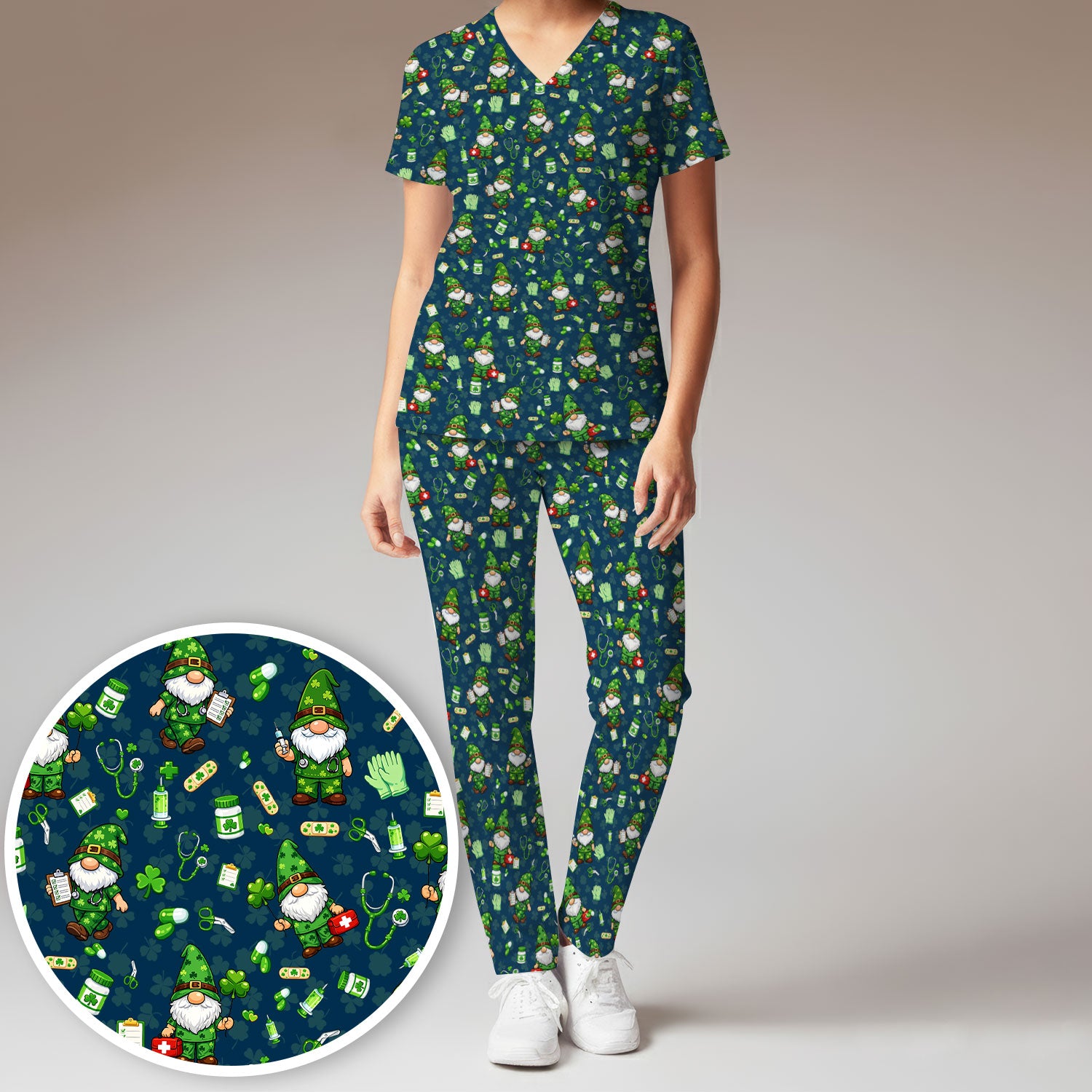 St. Patrick’s Day Nurse Gnome Scrub Set, Green Lucky Medical Pattern Nurse Shirt, Breathable Fabrics Nursing Uniform