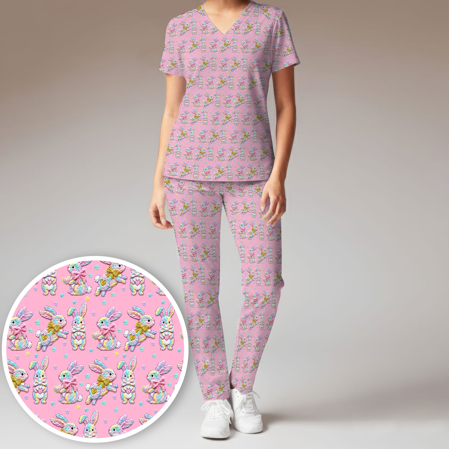 Cartoon Bunny All Over Print Set, Scrub Pants and V Neck Top