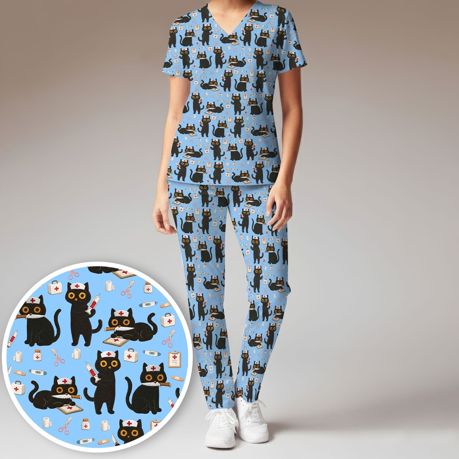 Cute Black Cat Nurse Pattern Women's Scrub Set, Breathable Med Uniform