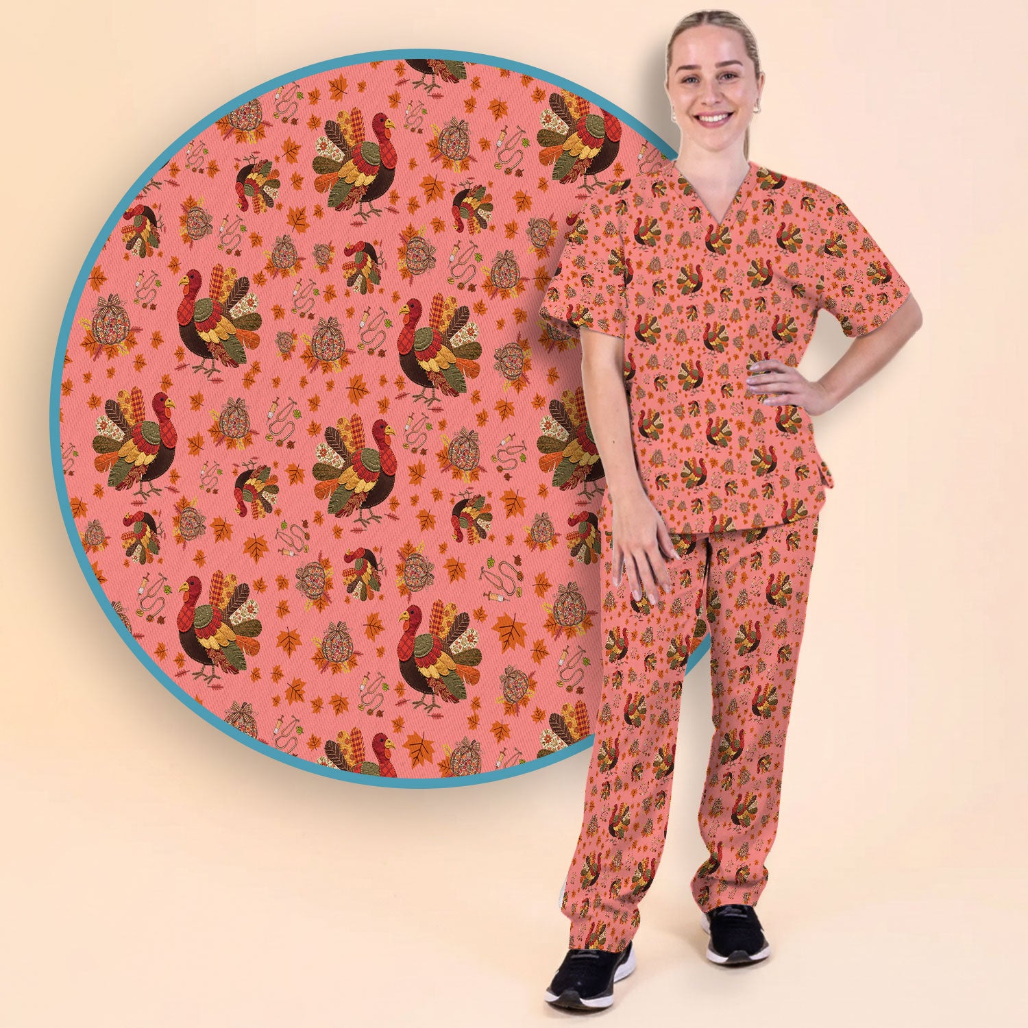 Thanksgiving Turkey Nurse Scrub Sets for Women - Fall Leaves Scrub Pants and V Neck Top - Autumn Nursing Uniform