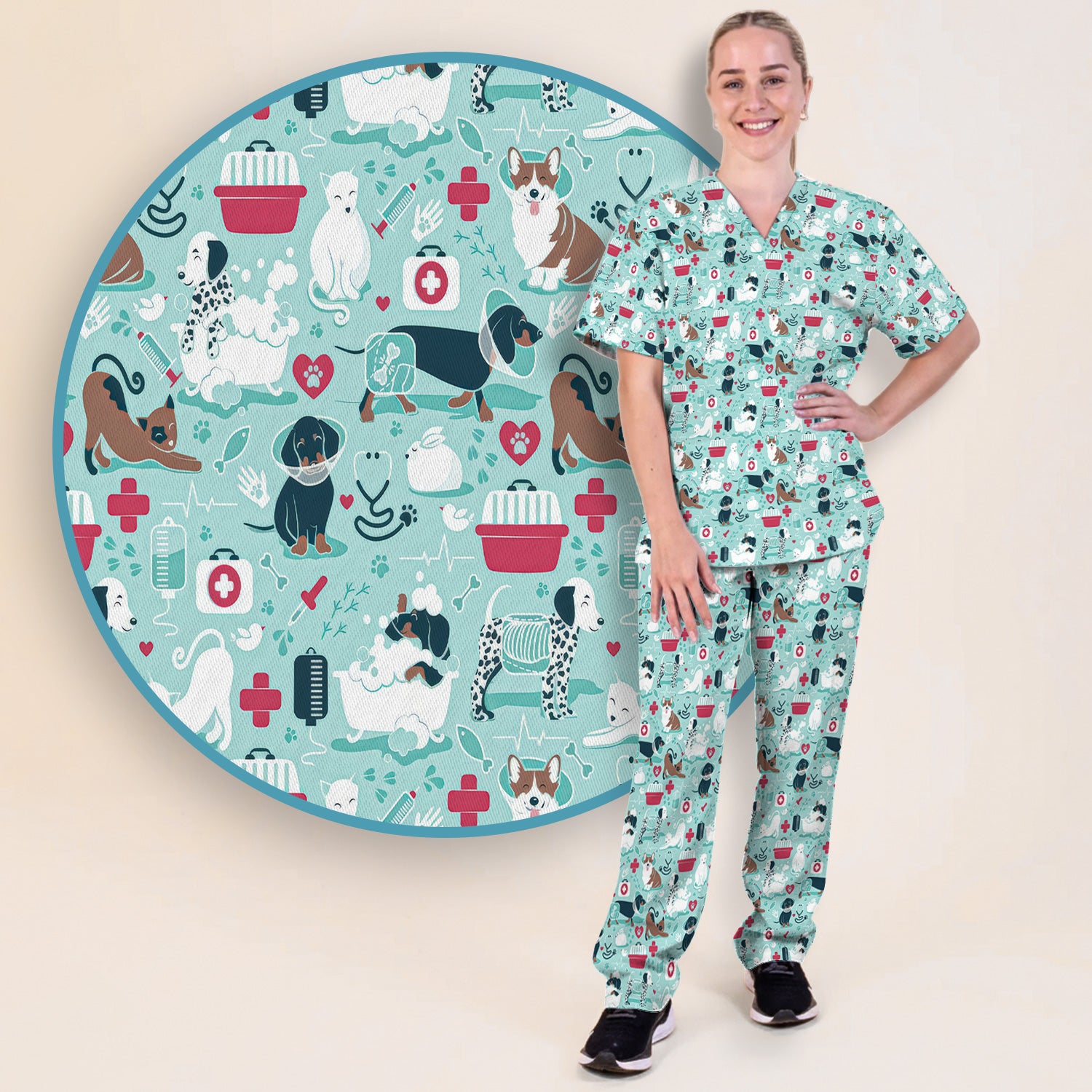 Dogs With Veterinary Tools And Paw Print Scrub Set, Breathable Med Uniform