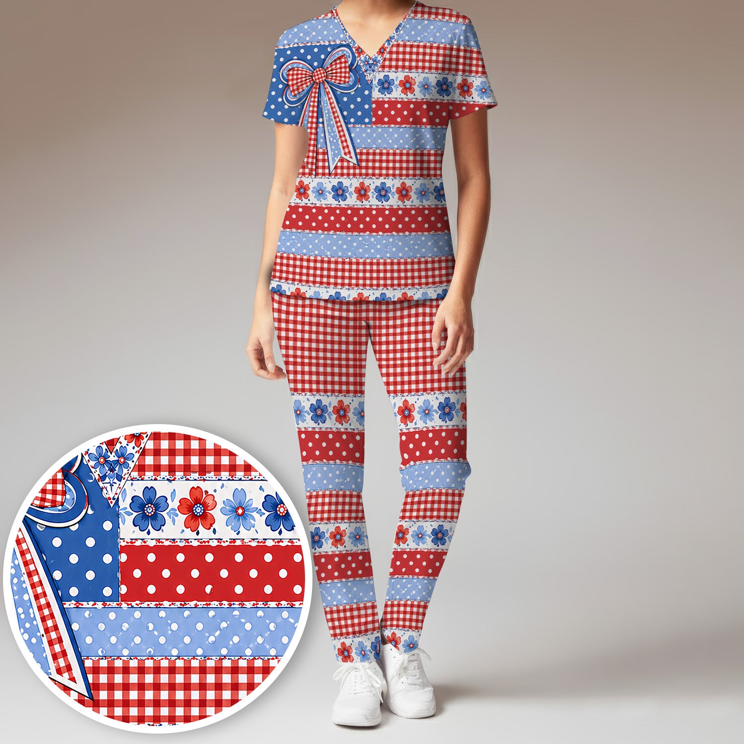 Patriotic Gingham Bow Floral Pattern Scrub Set, Scrub Pants and V Neck Top