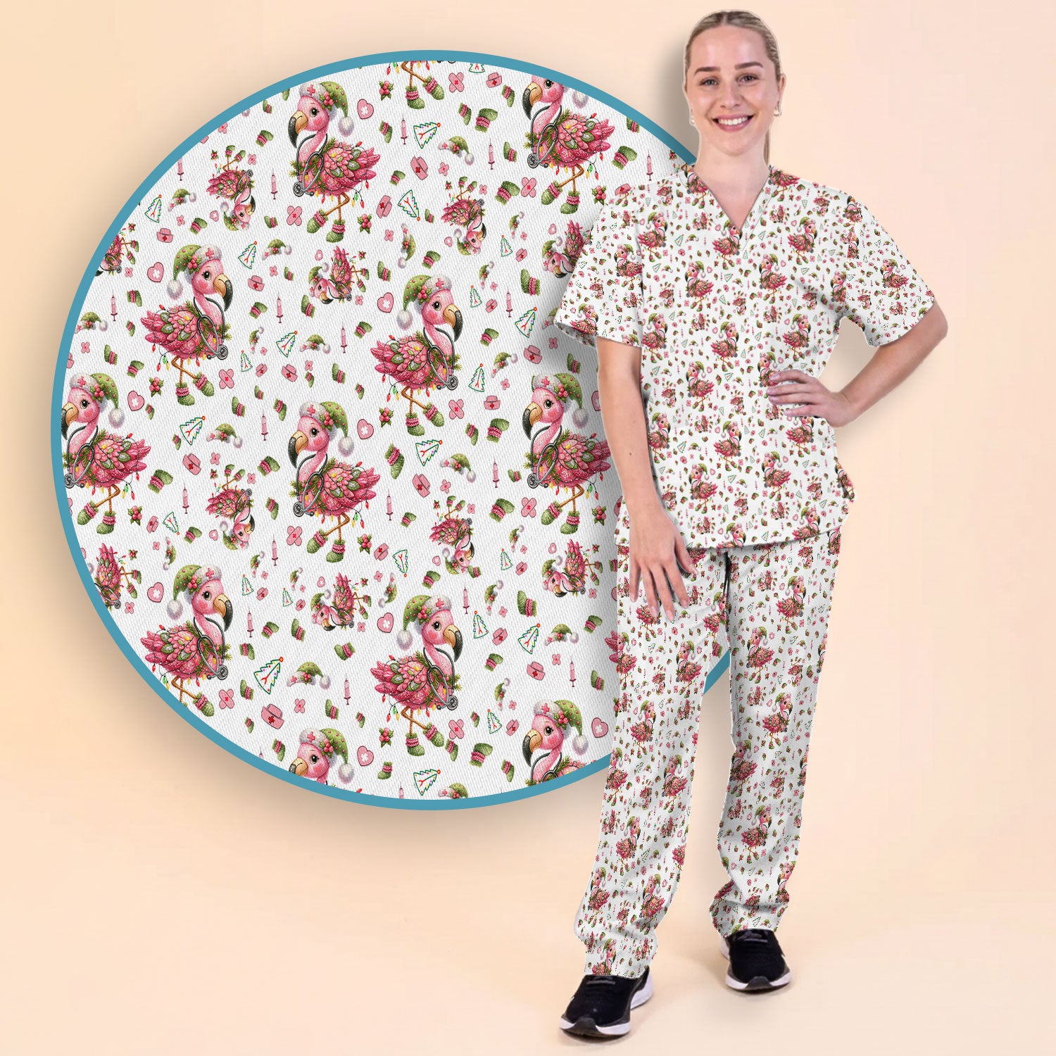 Pink Flamingo Christmas Scrub Set - Cute Flamingo Scrubs Pants and V Neck Top - Fun Christmas Medical Uniform