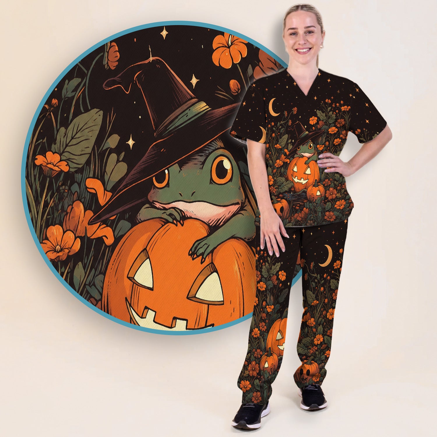 Cute Halloween Frog Nurse for Pediatric Nurses, RN, CNA, Pumpkin Medical Scrub Set, Scrub Pants and V Neck Top
