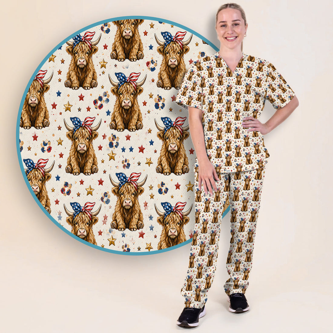 Patriotic Highland Cow Nurse for RN & CNA, Americana Farm Animal Healthcare Workers Medical Uniform Scrub Set, Scrub Pants and V Neck Top
