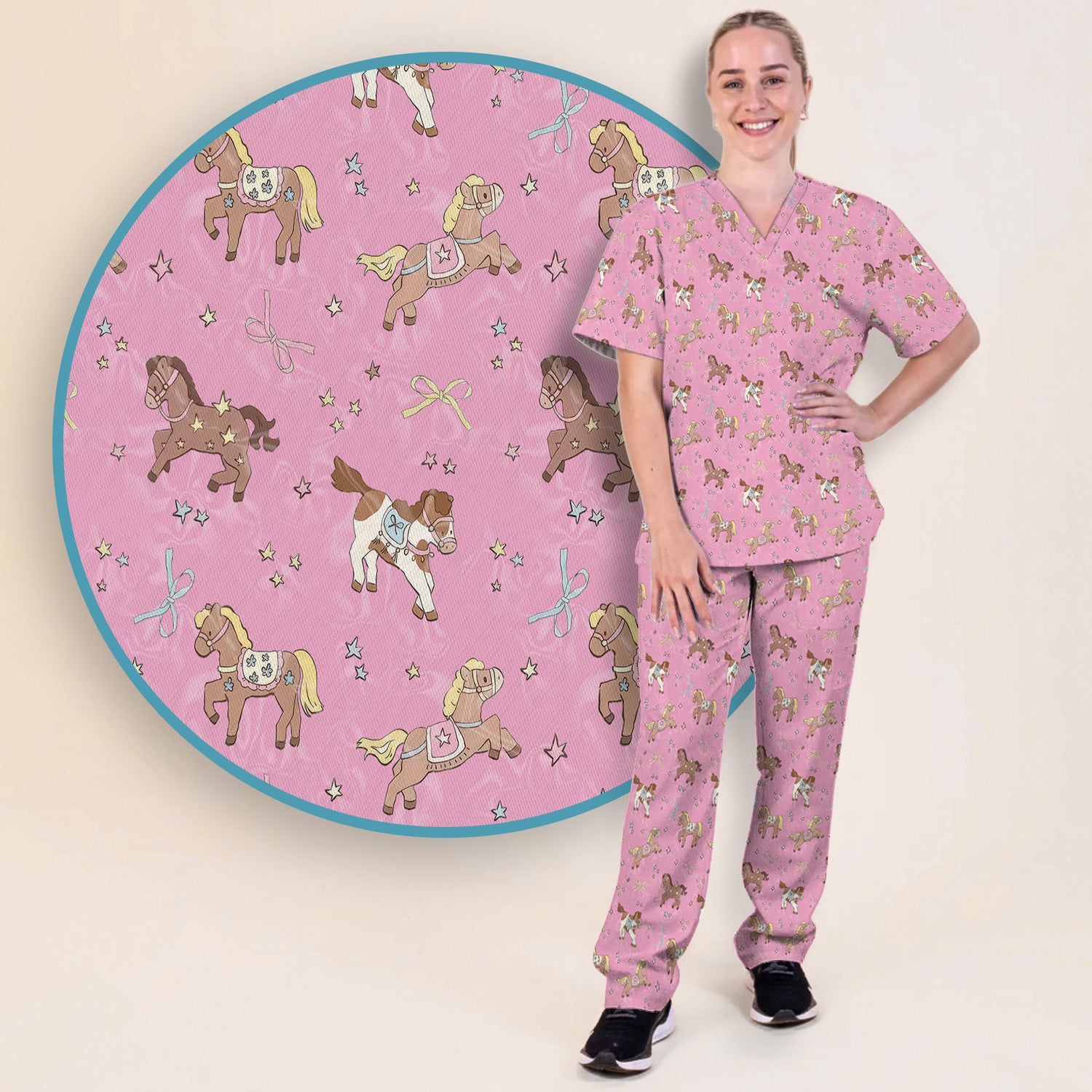 Cute Pony Star Pattern Scrub Set, Breathable Med Uniform