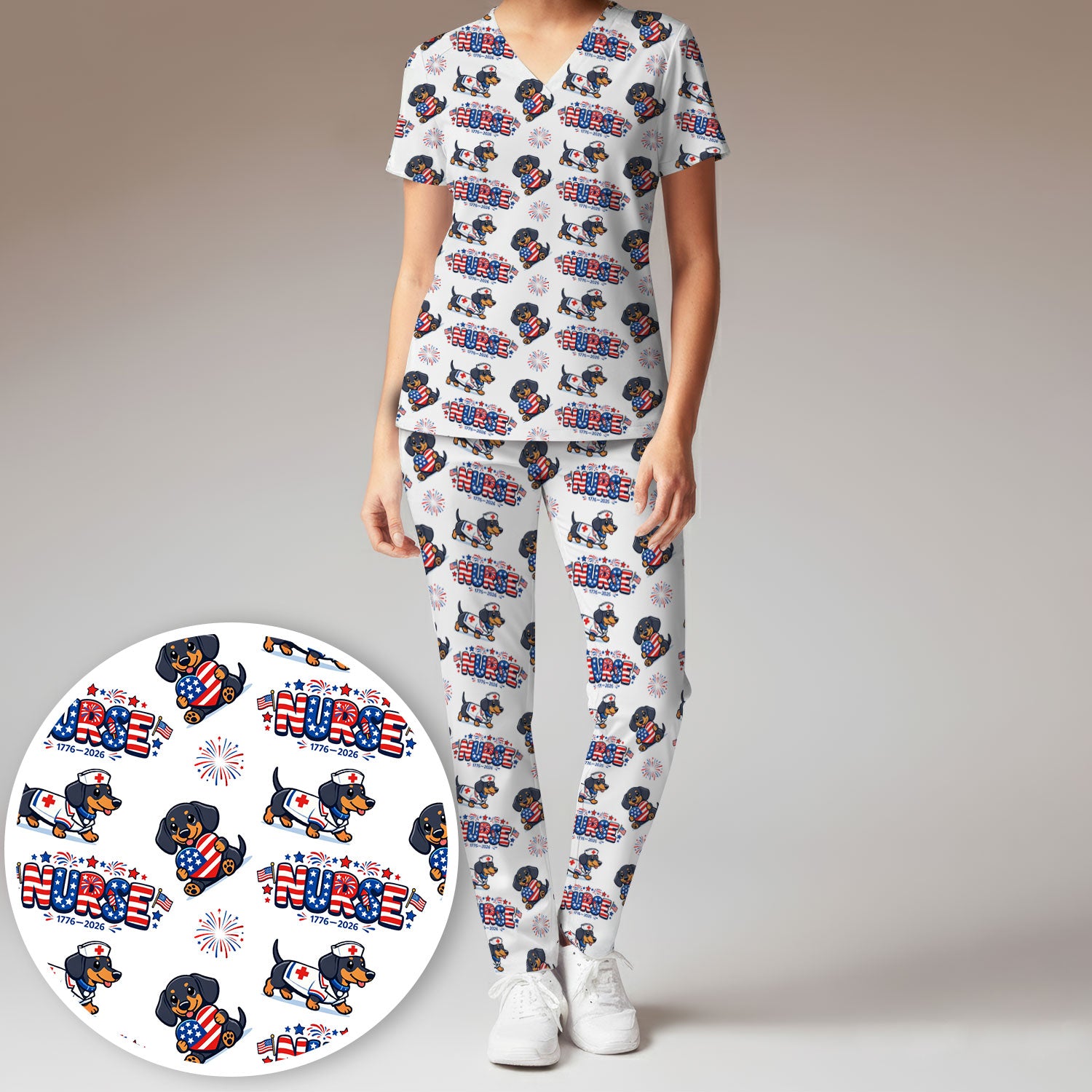 Proud Nurse Patriotic Dachshund Medical Firework Pattern Scrub Set, Nurse Uniform Scrubs Set