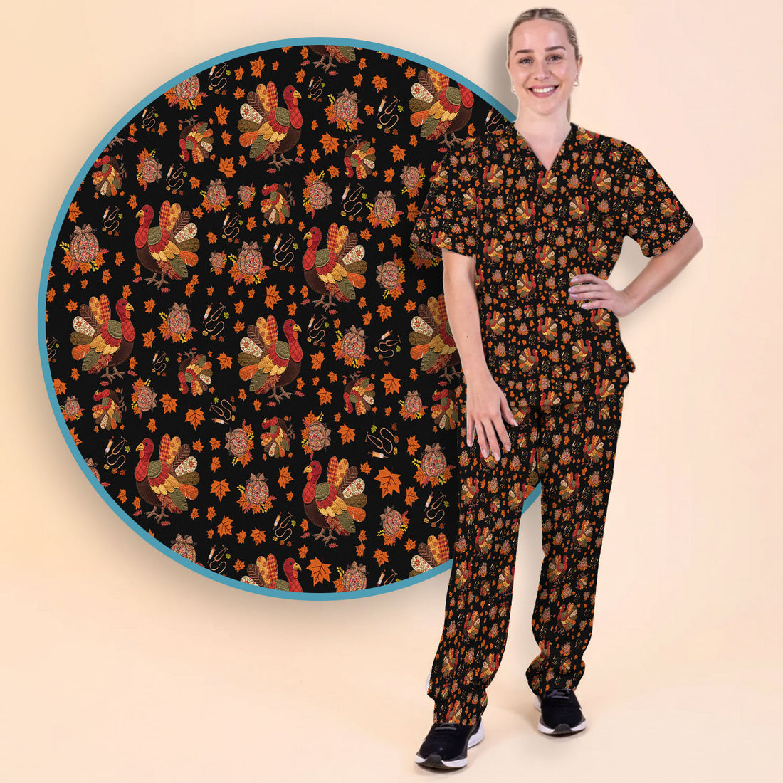 Thanksgiving Turkey Nurse Scrub Sets for Women - Fall Leaves Scrub Pants and V Neck Top - Autumn Nursing Uniform