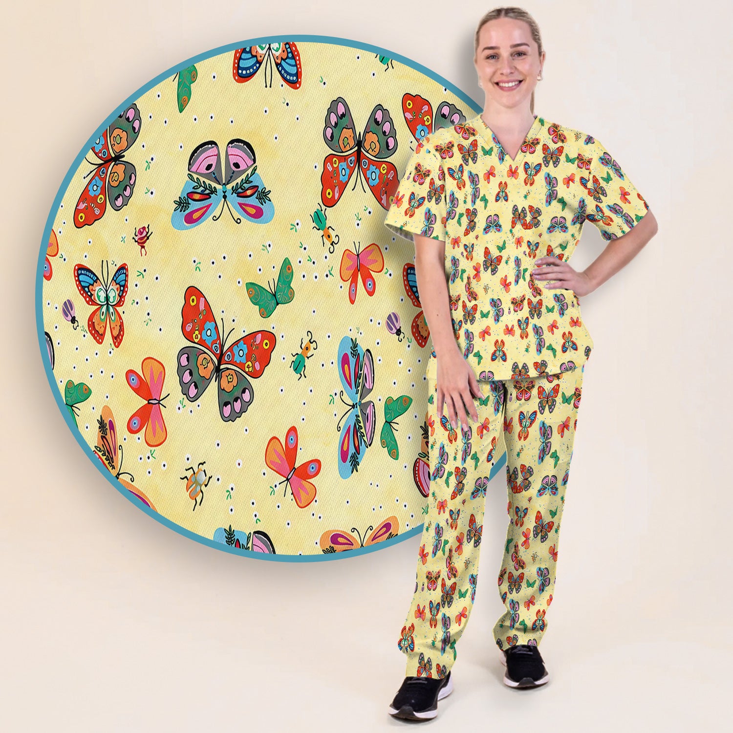 Colorful Butterfly Garden Pattern Scrub Set, Scrub Pants and V Neck Top