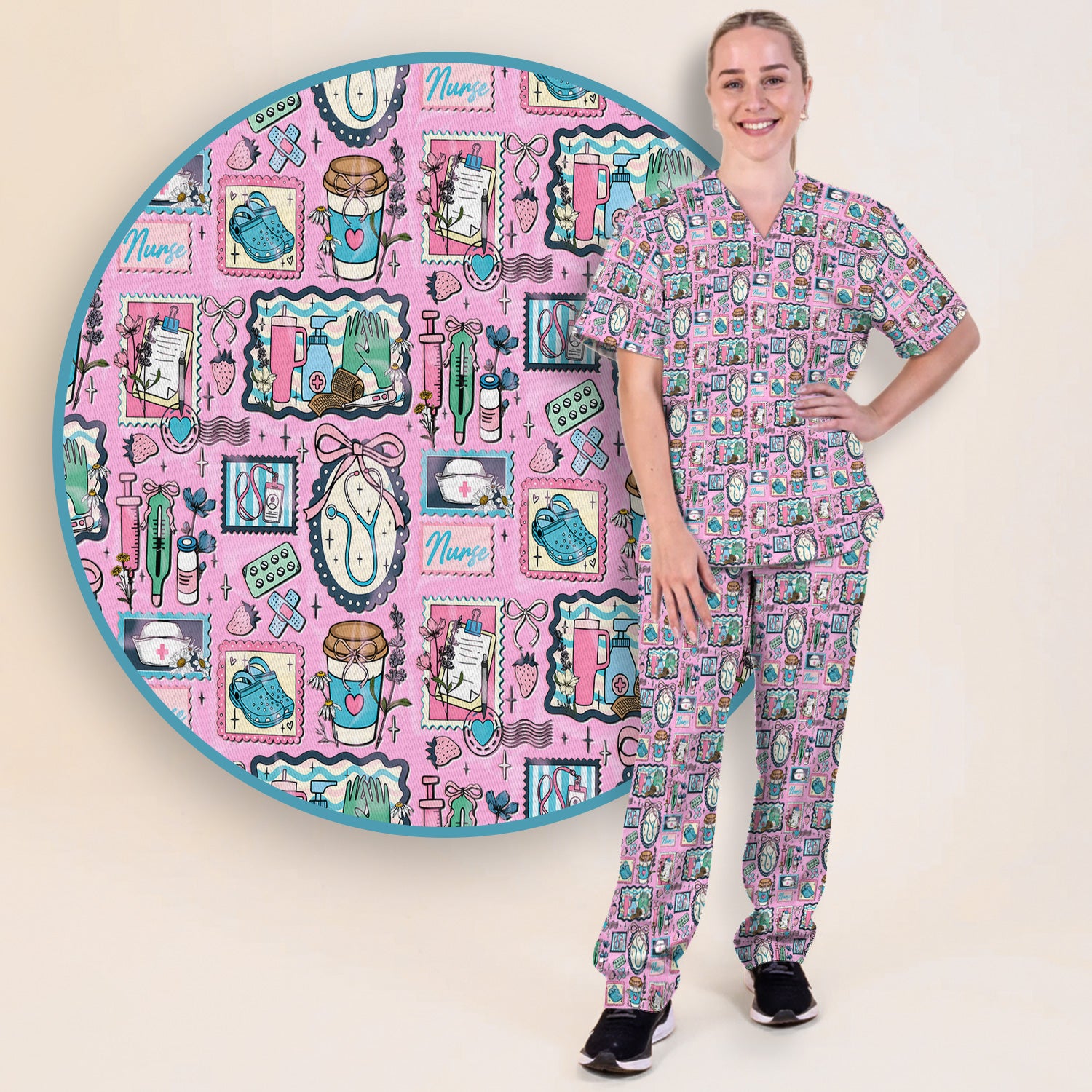 Medical Tools Stethoscope Syringe Frame Scrub Top, Breathable Fabrics Nursing Uniform