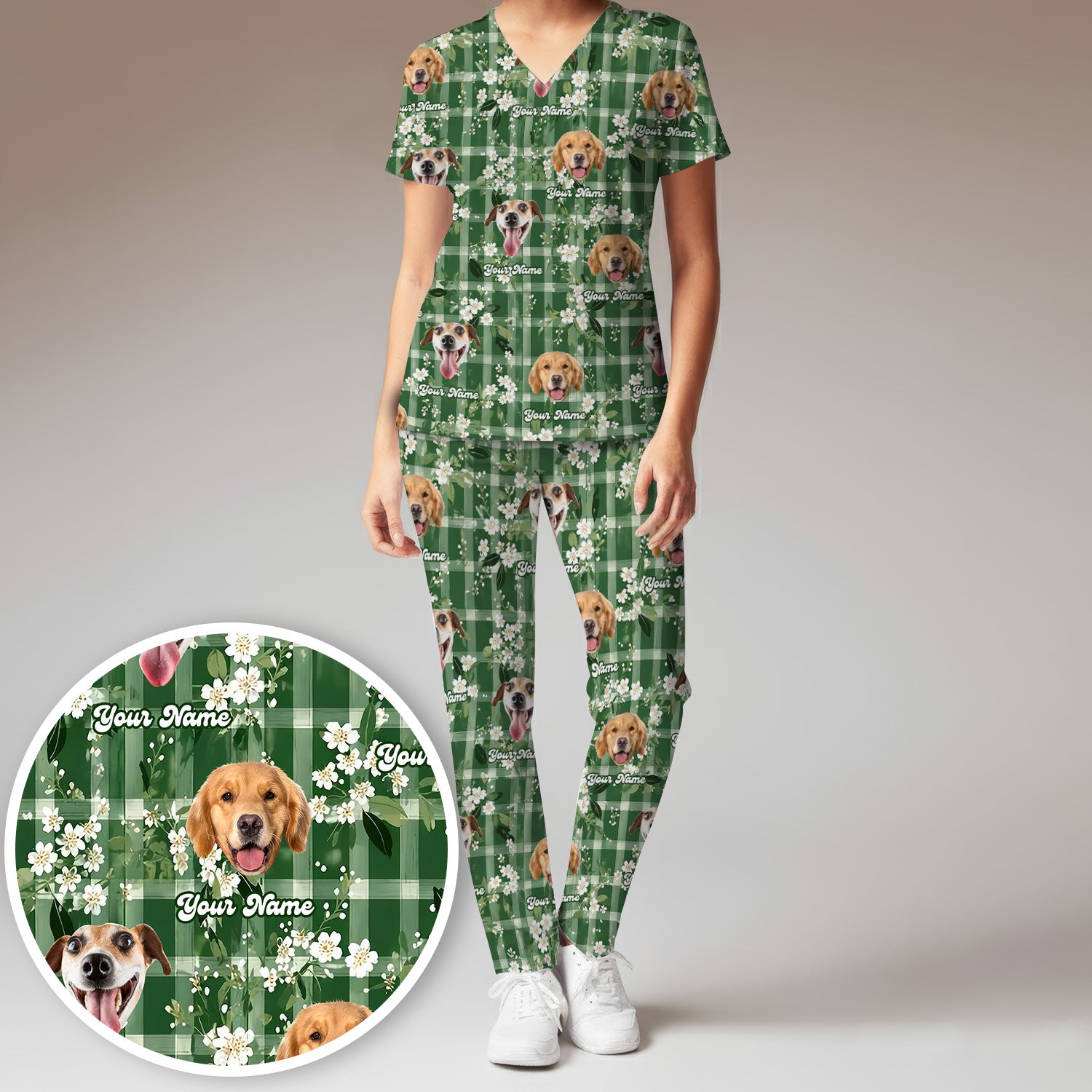 Custom Dog Face Scrub Set, Dog Green Plaid Floral Pattern Shirt, Scrub Pants and V Neck Top