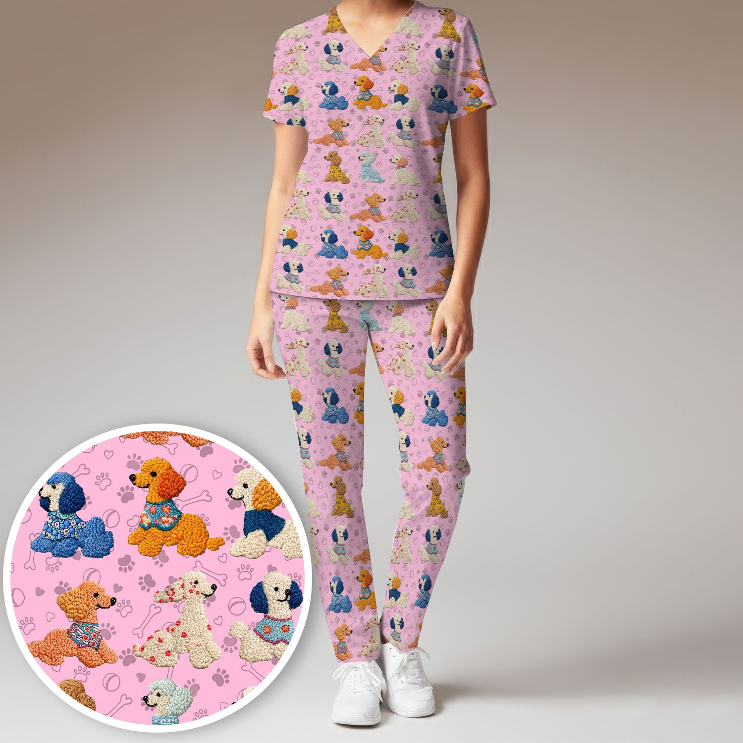 Cute Colorful Poodle Pattern Scrub Set, Scrub Pants and V Neck Top