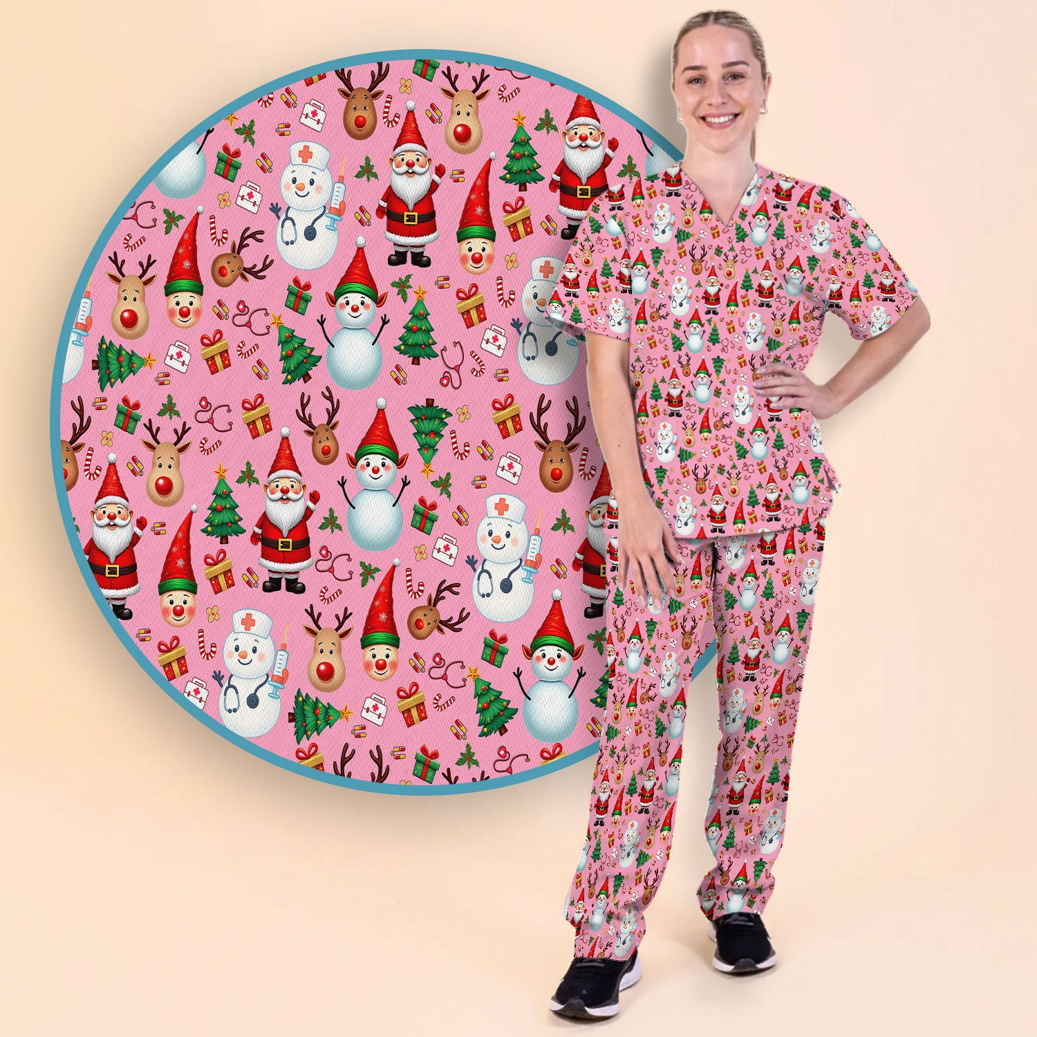 Christmas Scrub Set for Nurses - Cute Snowman Reindeer Santa Pattern - Holiday Medical Uniform RN CNA LPN Gift