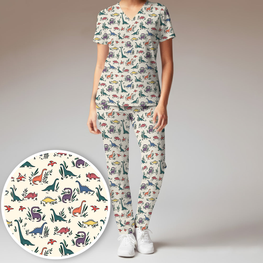 Cute Dinosaur Leafy Garden Pattern Scrub Set, Breathable Fabrics Nursing Uniform