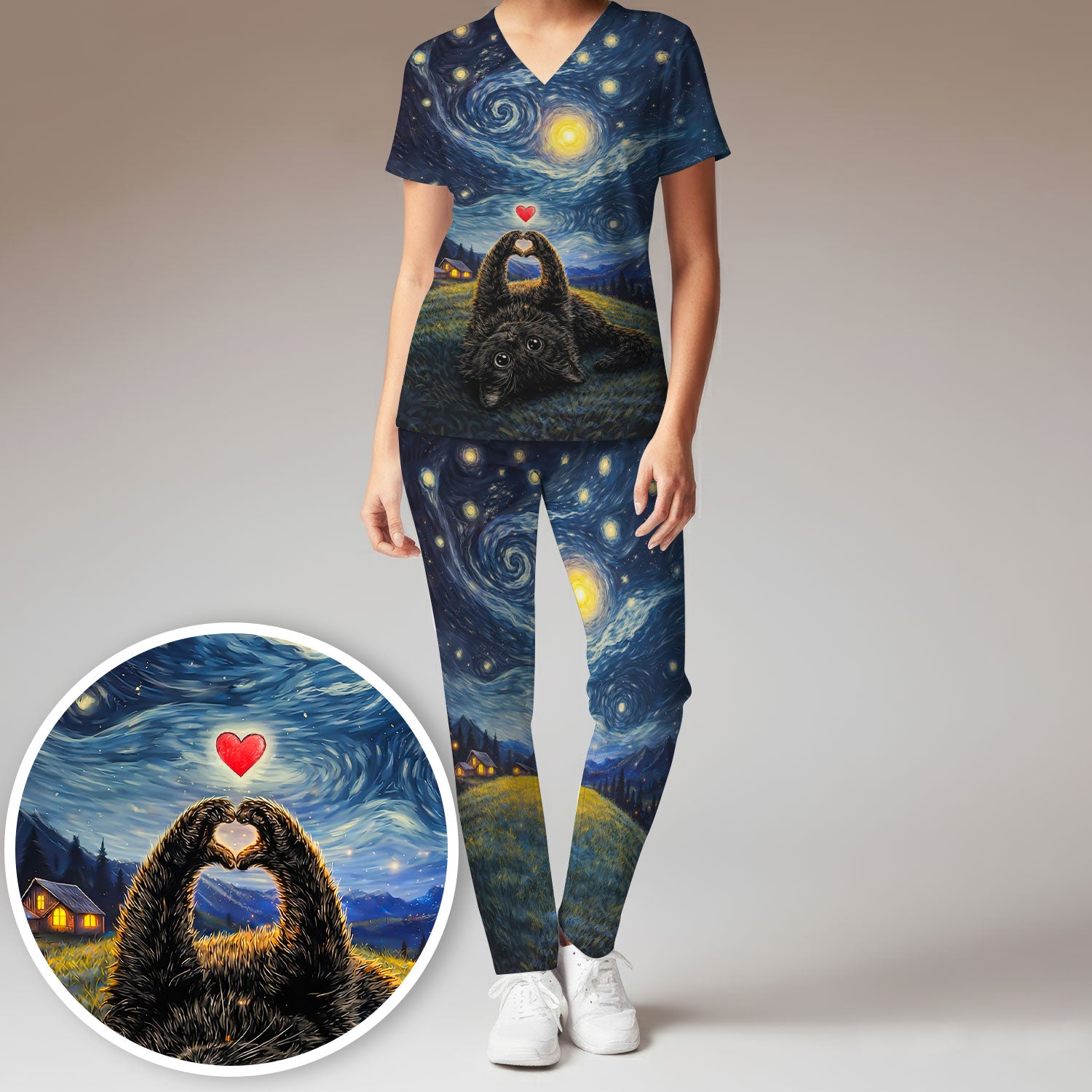 Starry Night Black Cat Heart Art Scrub Set, Breathable Med Uniform