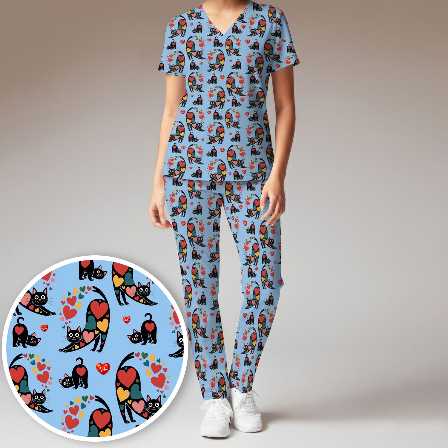Playful Cat Valentine Heart Print Medical Scrub Set, Breathable Med Uniform