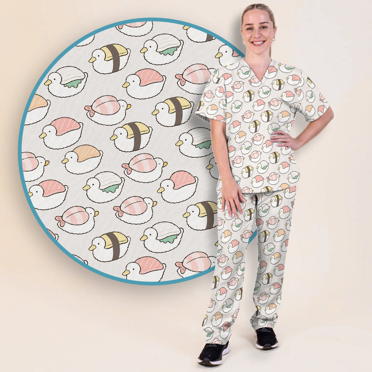 Cute Nigiri Sushi Ducks Pattern Scrub Set, Scrub Pants and V Neck Top