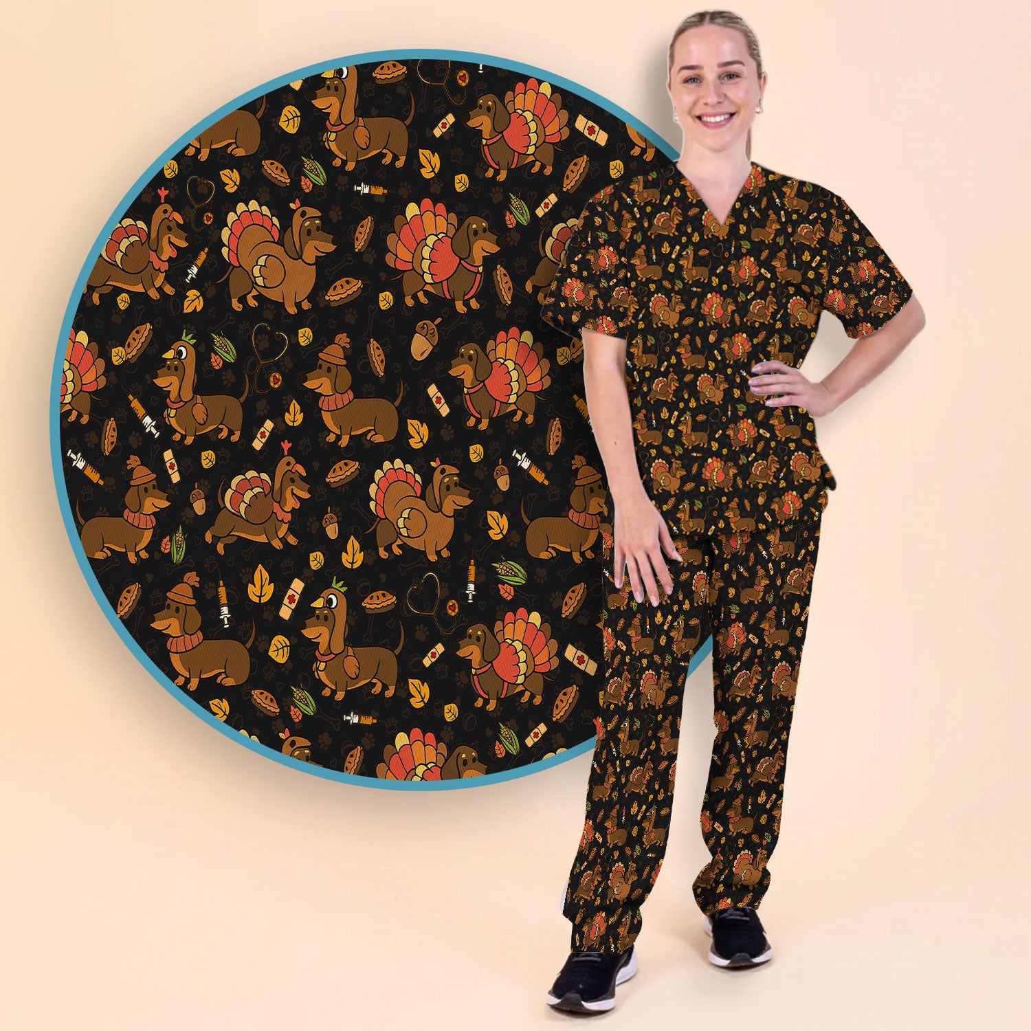Thanksgiving Dachshund Scrubs Set - Cute Dog Turkey Medical Uniform for Nurses - Funny Holiday Gift for RN CNA LPN