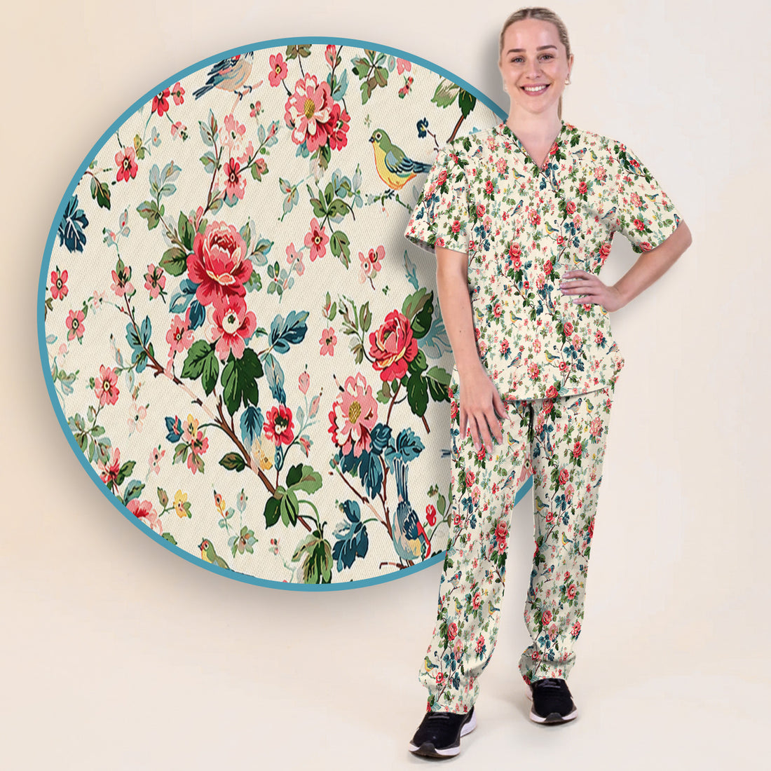 Songbird Rose Garden Pattern Scrub Set, Scrub Pants and V Neck Top