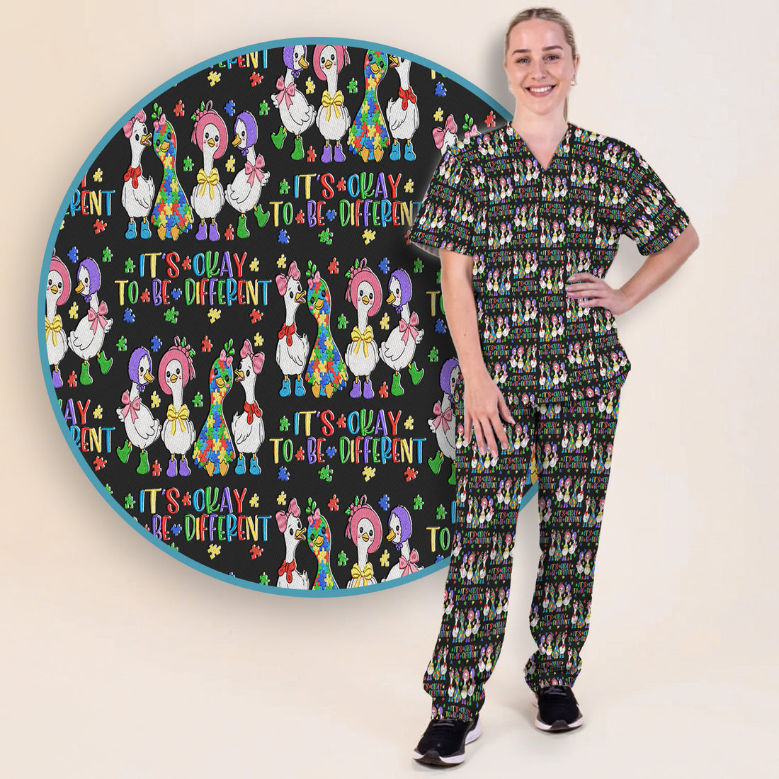 It’s Okay To Be Different Duck Pattern Scrub Set, Nurse Uniform Scrubs Set