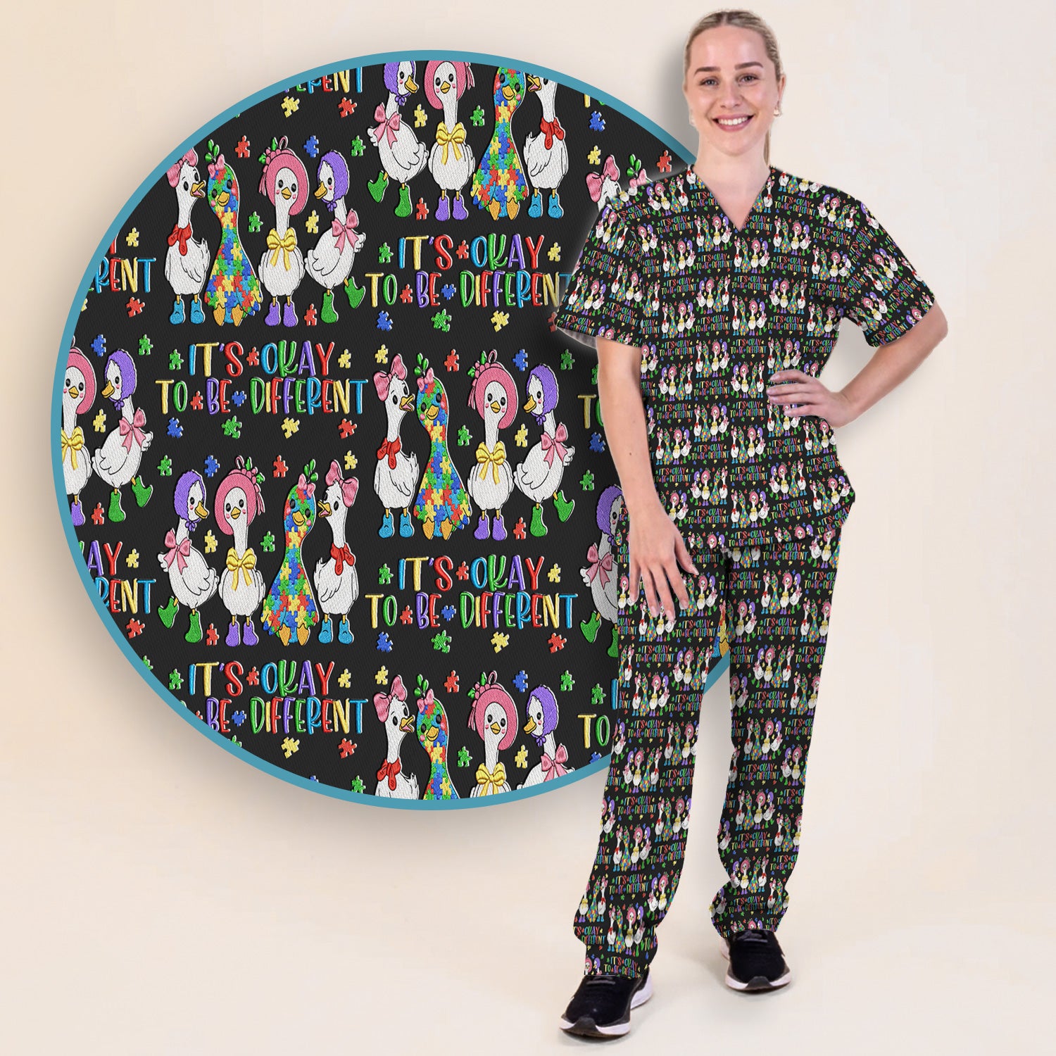It’s Okay To Be Different Duck Pattern Scrub Set, Nurse Uniform Scrubs Set