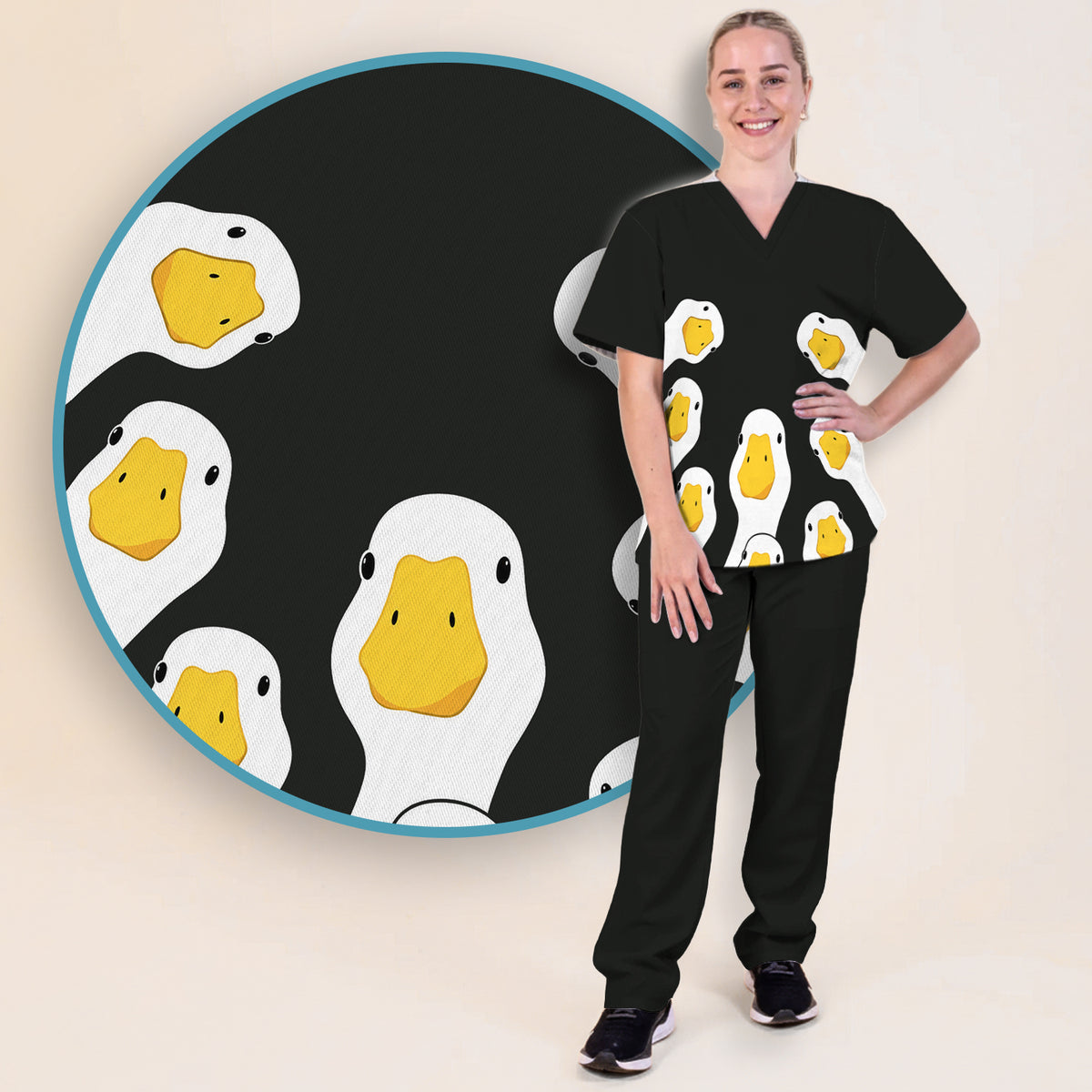 Funny Peekaboo Goose Faces Scrub Set, Scrub Pants and V Neck Top