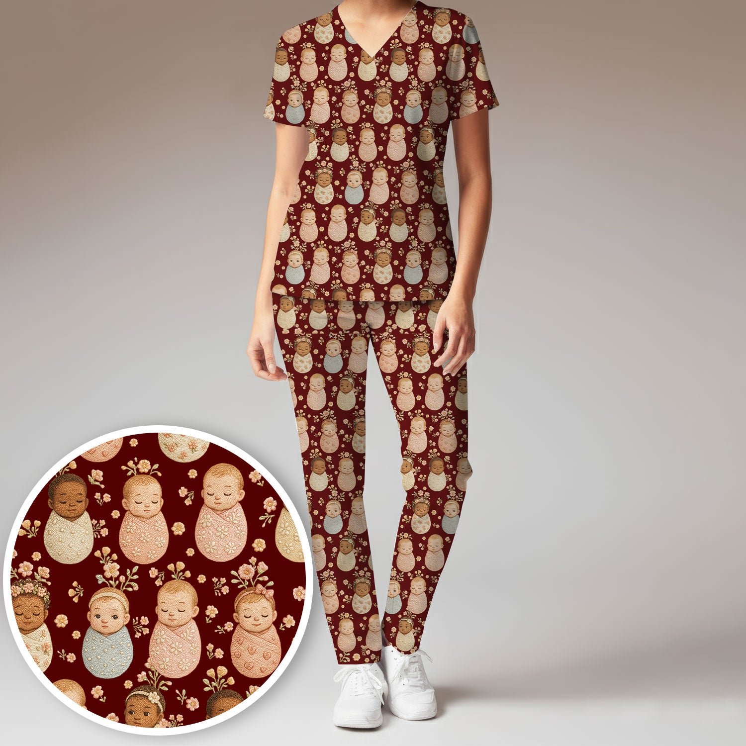 Sweet Newborn Baby Floral Print Women's Scrub Set, Breathable Med Uniform